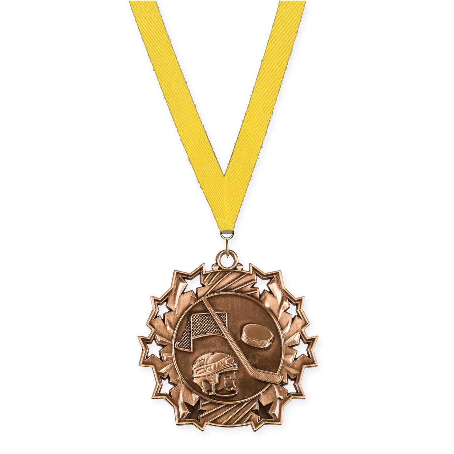2 1/4 inch hockey Ten Star medal in antique bronze with Yellow neck ribbon