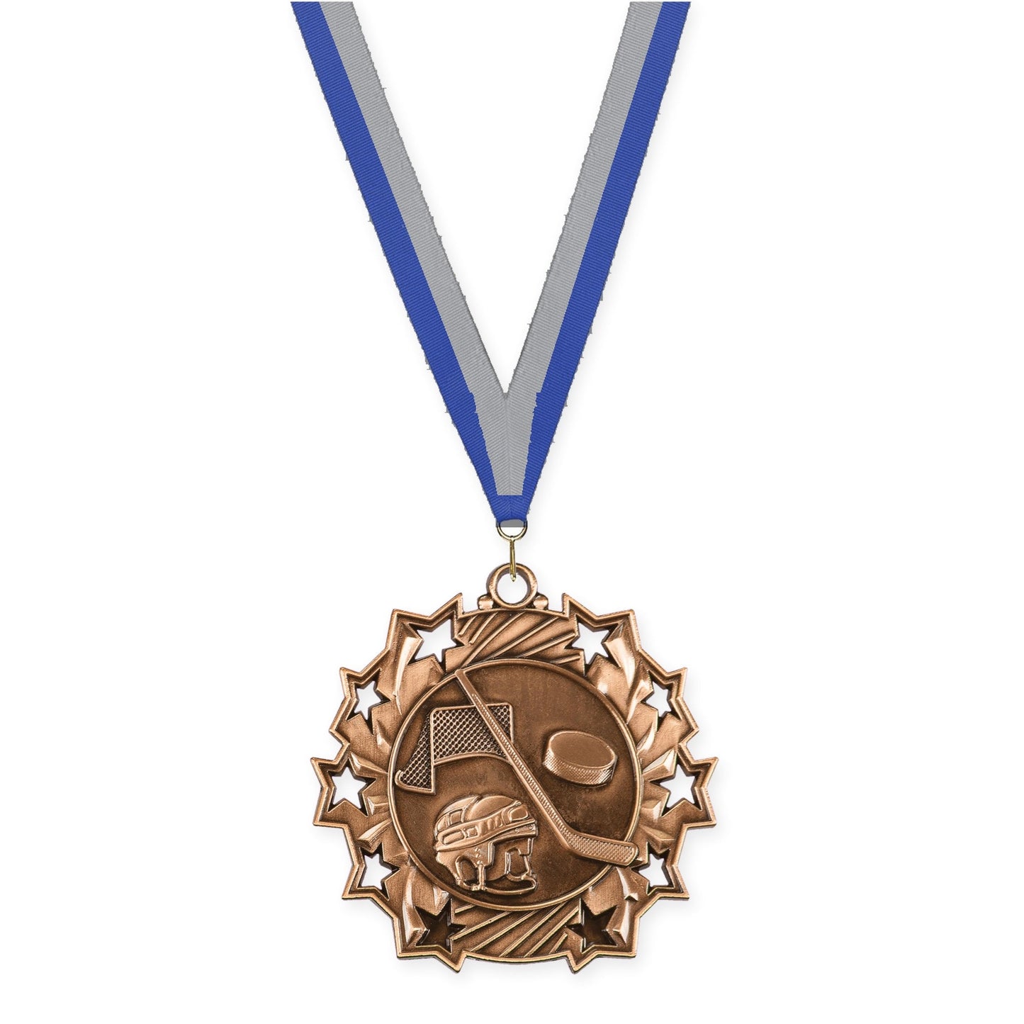 2 1/4 inch hockey Ten Star medal in antique bronze with Blue Gray neck ribbon