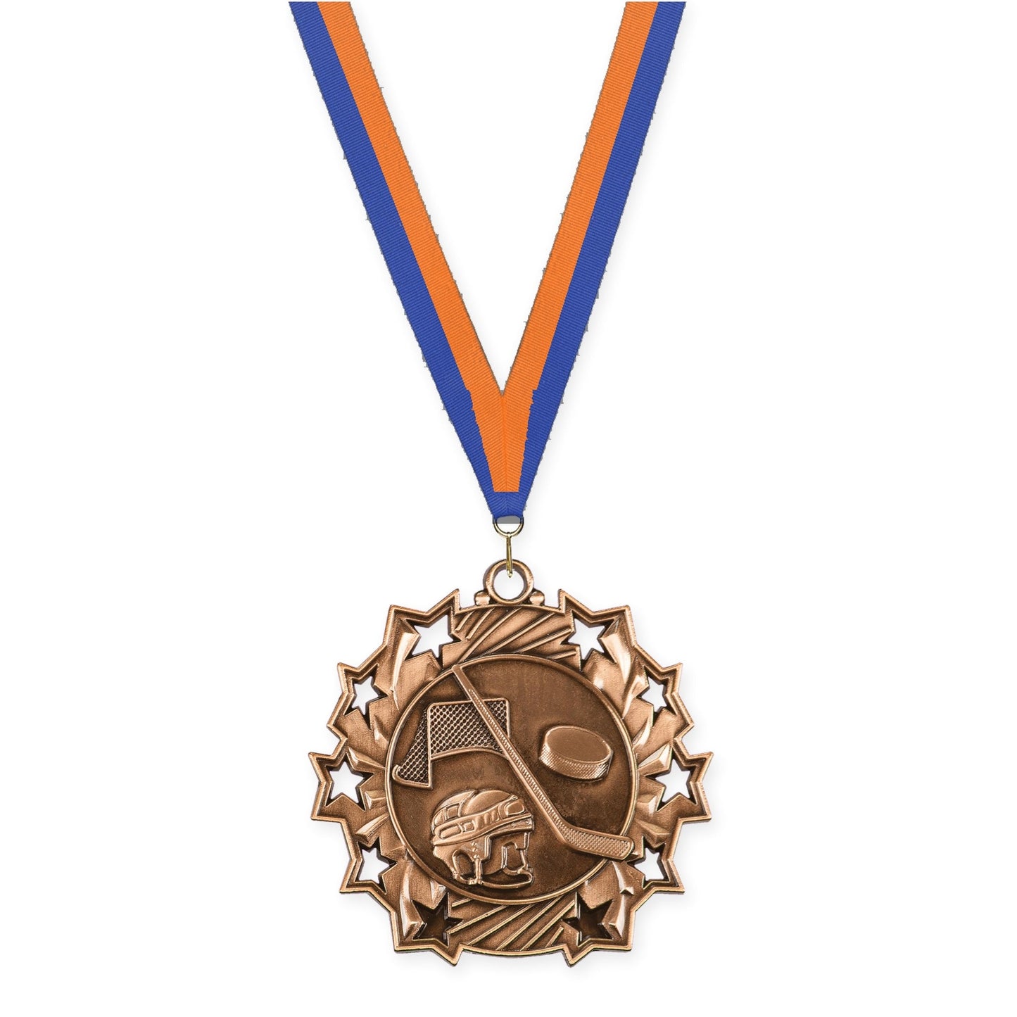 2 1/4 inch hockey Ten Star medal in antique bronze with Blue Orange neck ribbon
