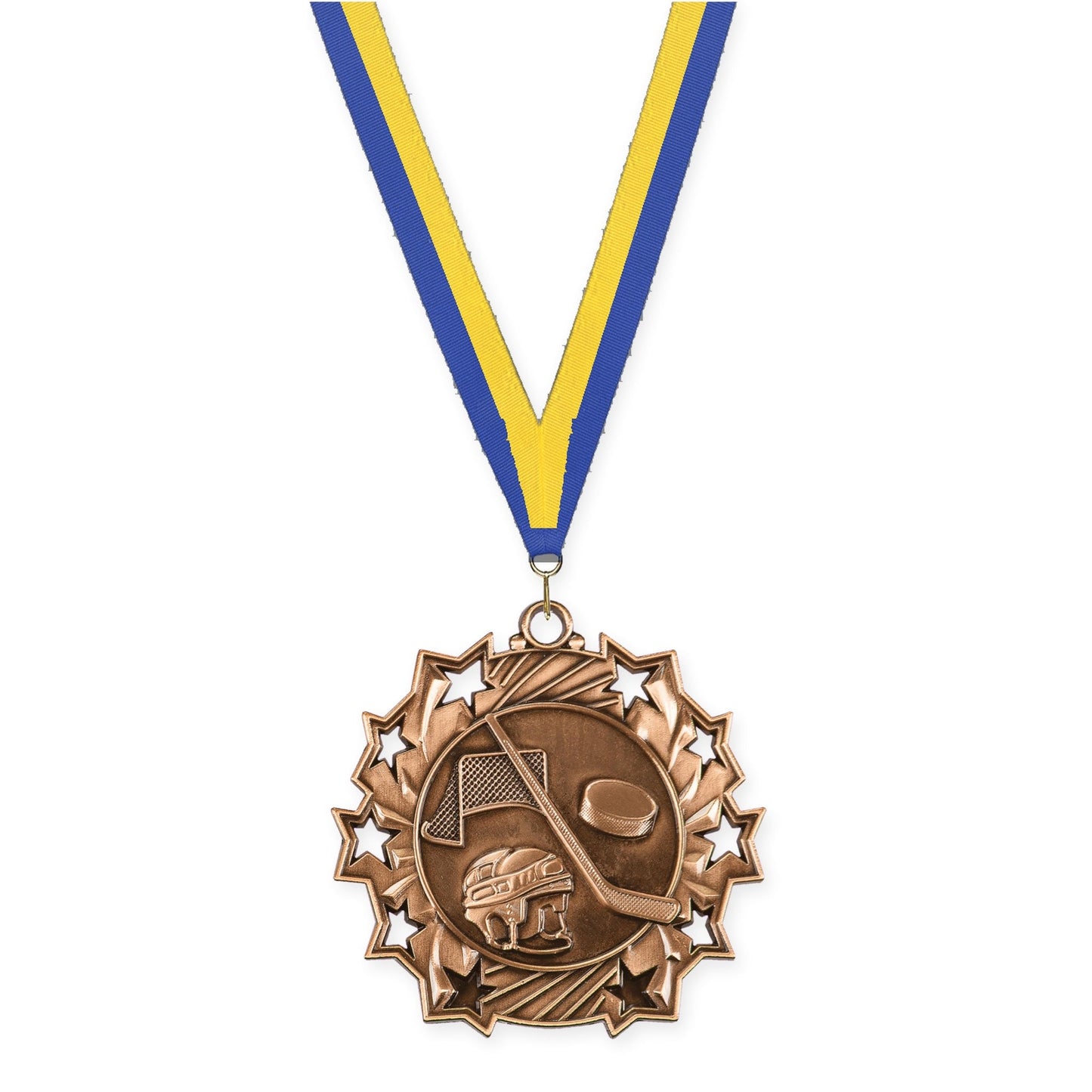 2 1/4 inch hockey Ten Star medal in antique bronze with Blue Yellow neck ribbon