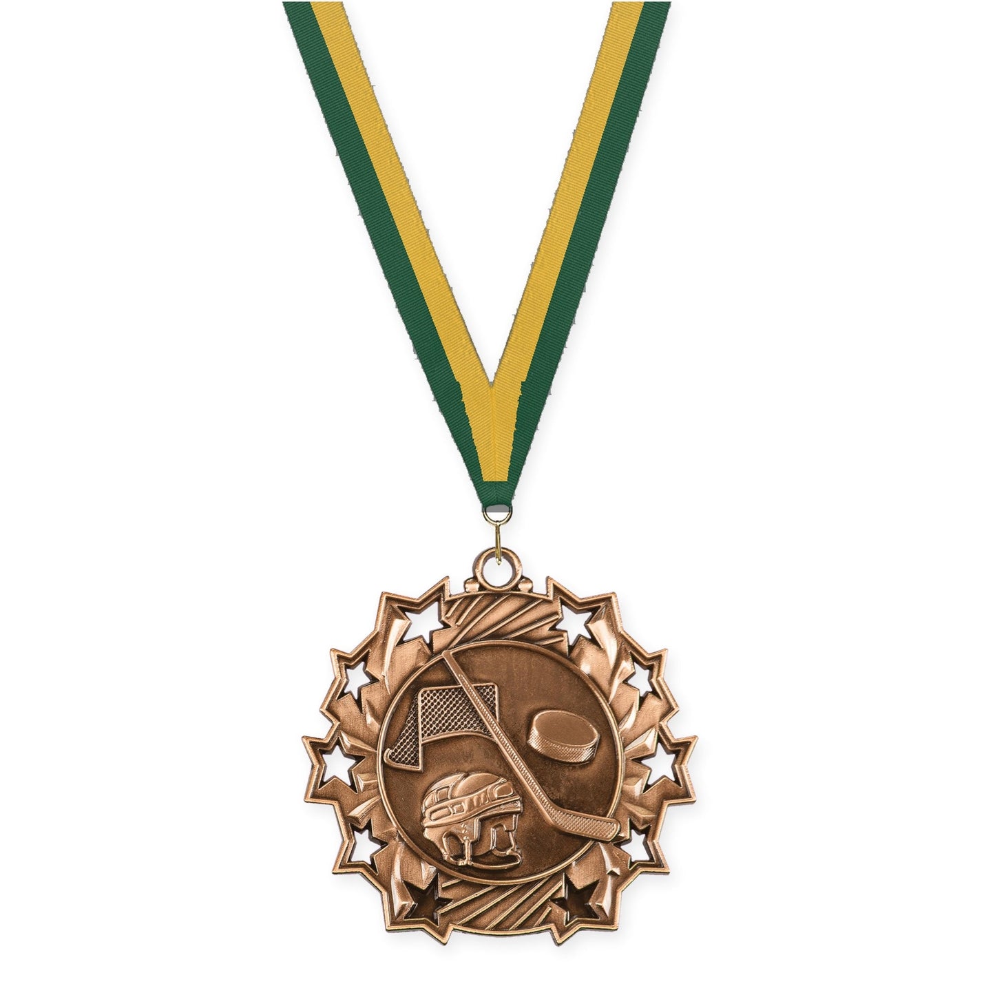 2 1/4 inch hockey Ten Star medal in antique bronze with Hunter Green Gold neck ribbon