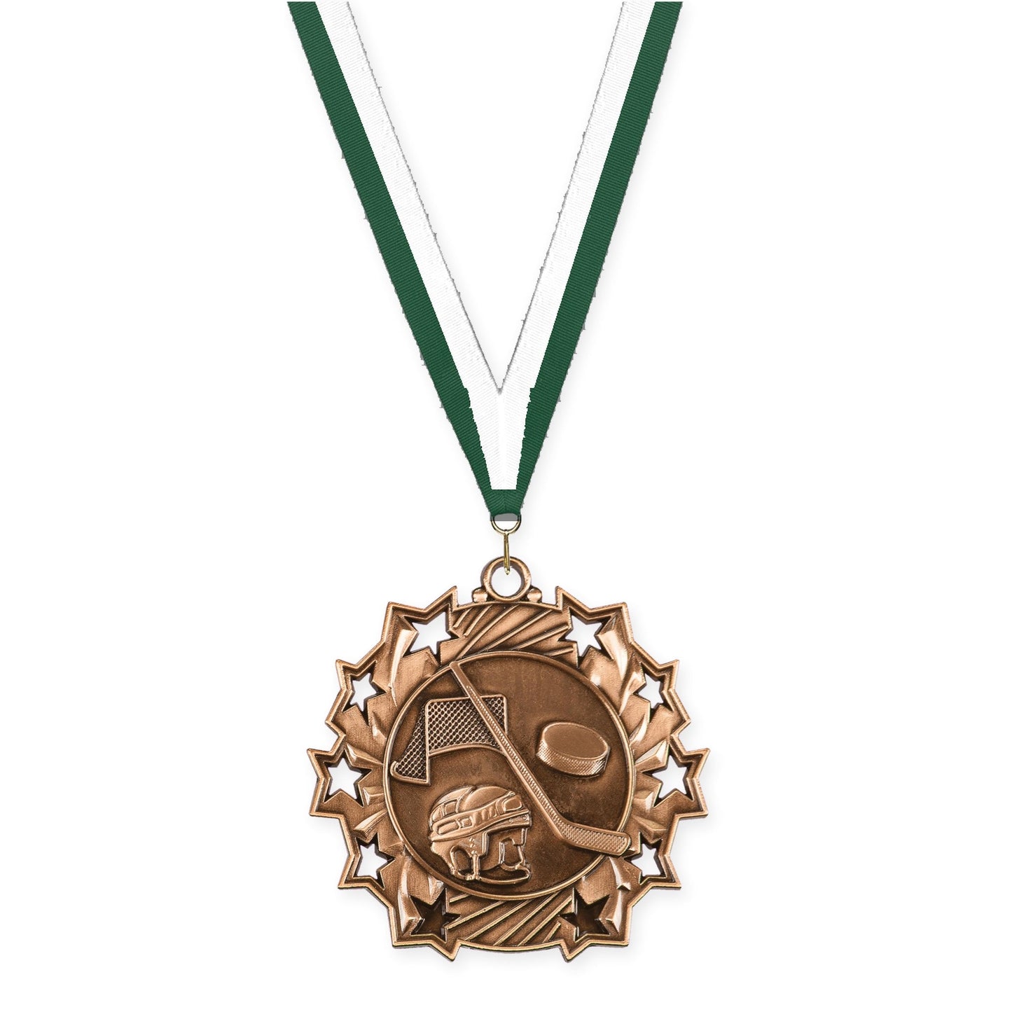 2 1/4 inch hockey Ten Star medal in antique bronze with Hunter Green White neck ribbon