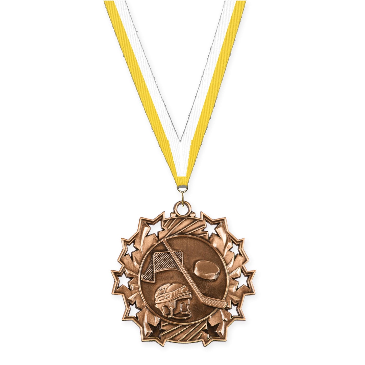 2 1/4 inch hockey Ten Star medal in antique bronze with Yellow White neck ribbon