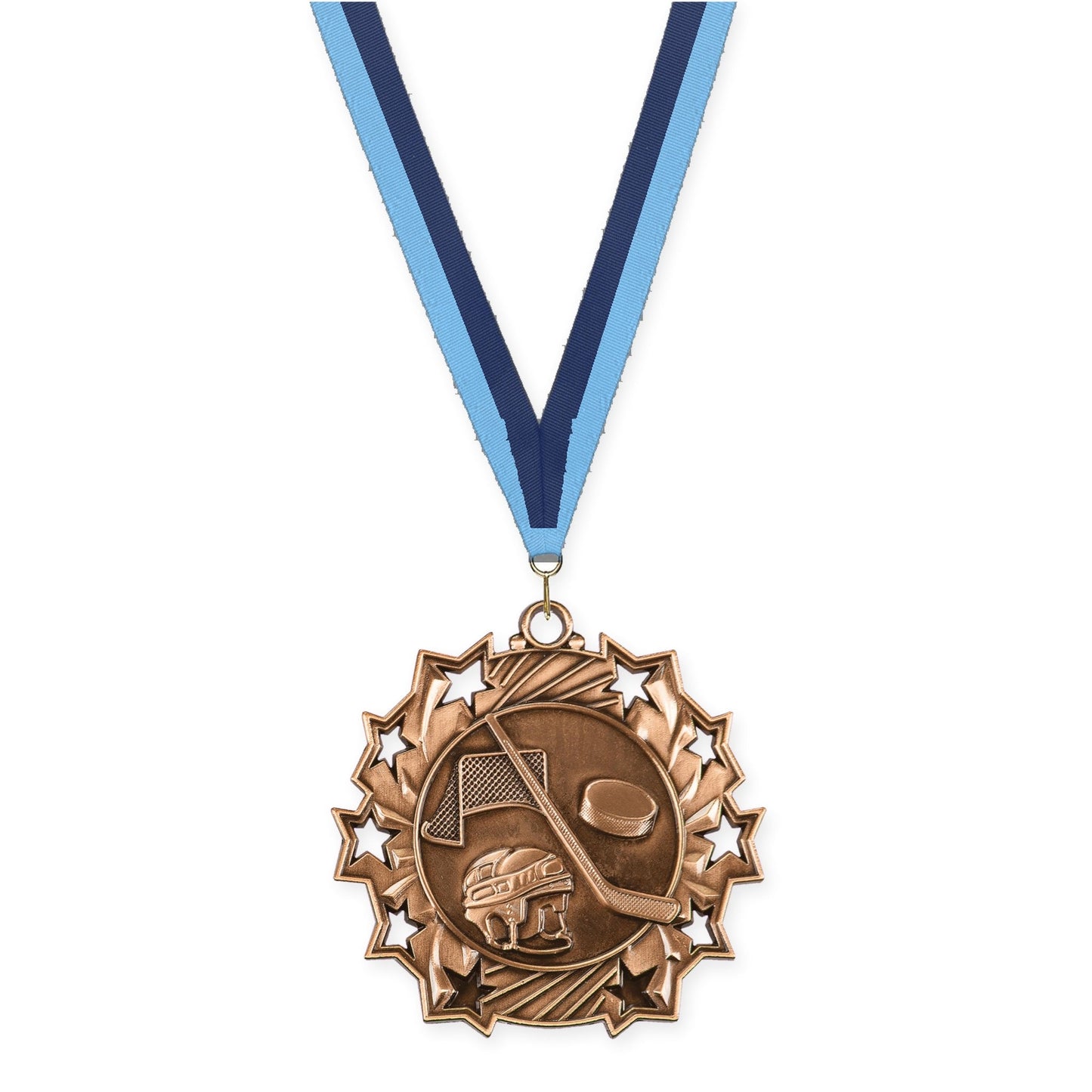 2 1/4 inch hockey Ten Star medal in antique bronze with Light Blue Navy neck ribbon