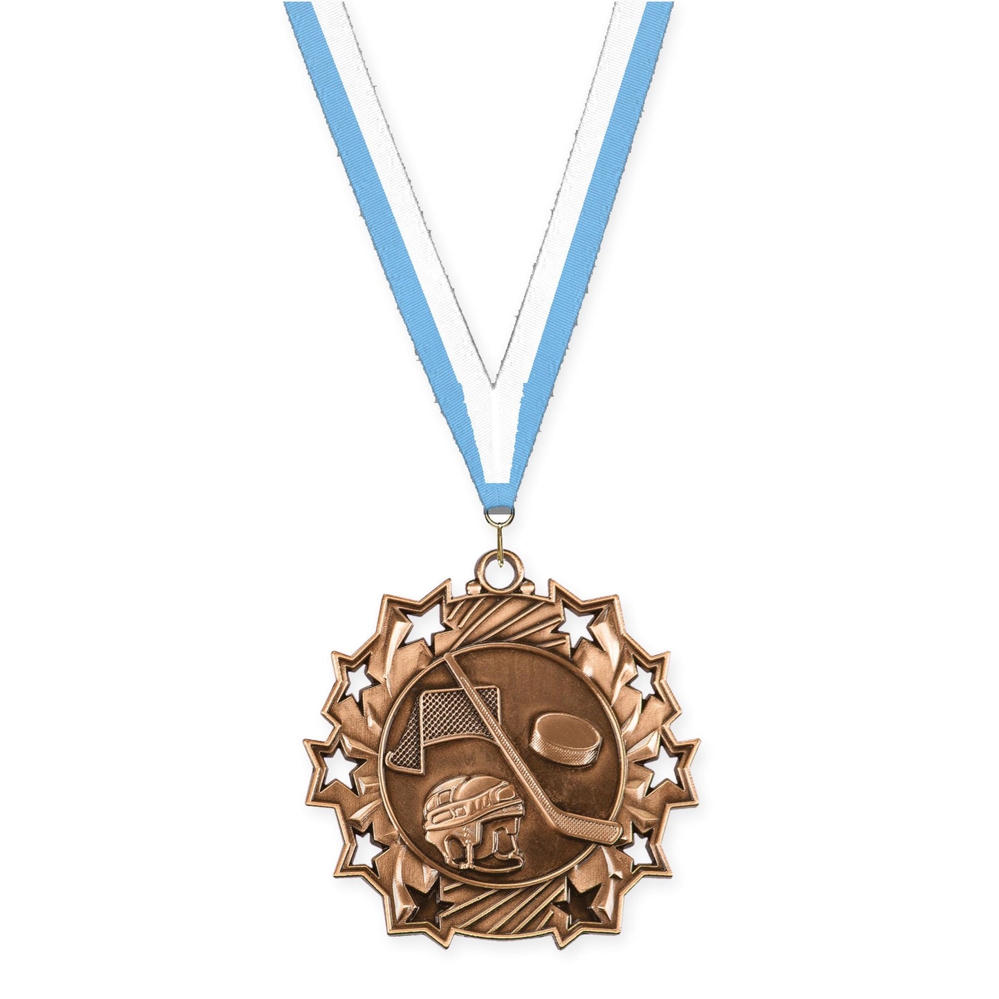 2 1/4 inch hockey Ten Star medal in antique bronze with Light Blue White neck ribbon