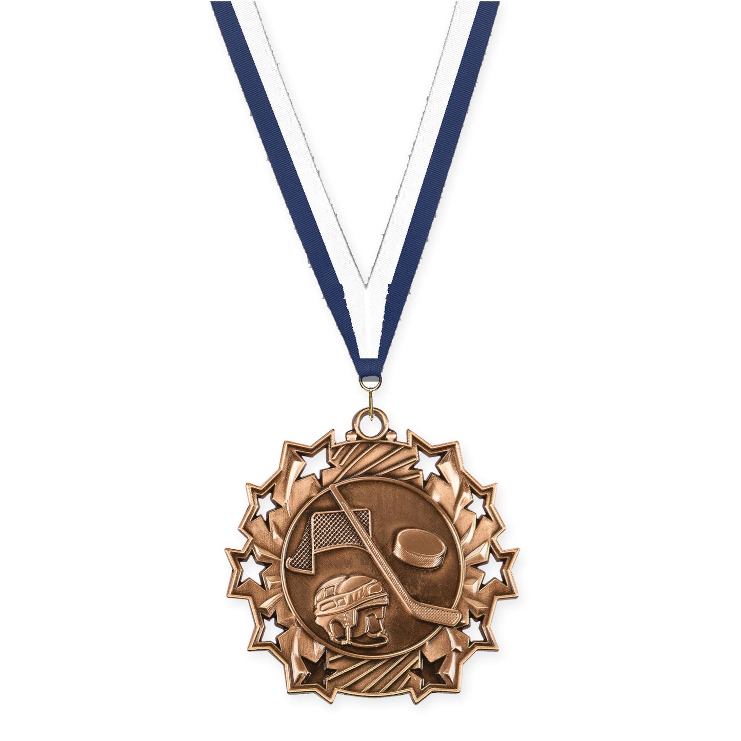 2 1/4 inch hockey Ten Star medal in antique bronze with Navy White neck ribbon