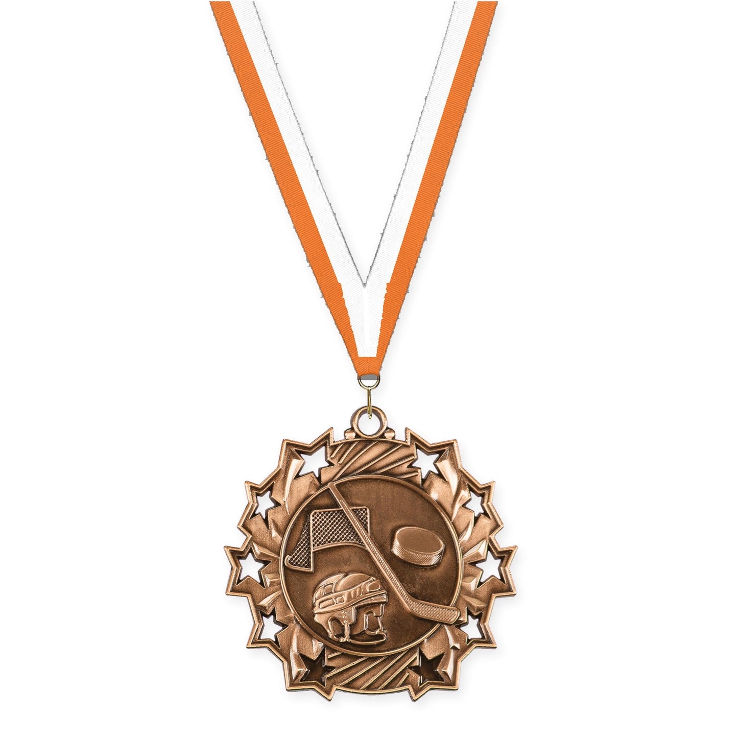 2 1/4 inch hockey Ten Star medal in antique bronze with Orange White neck ribbon