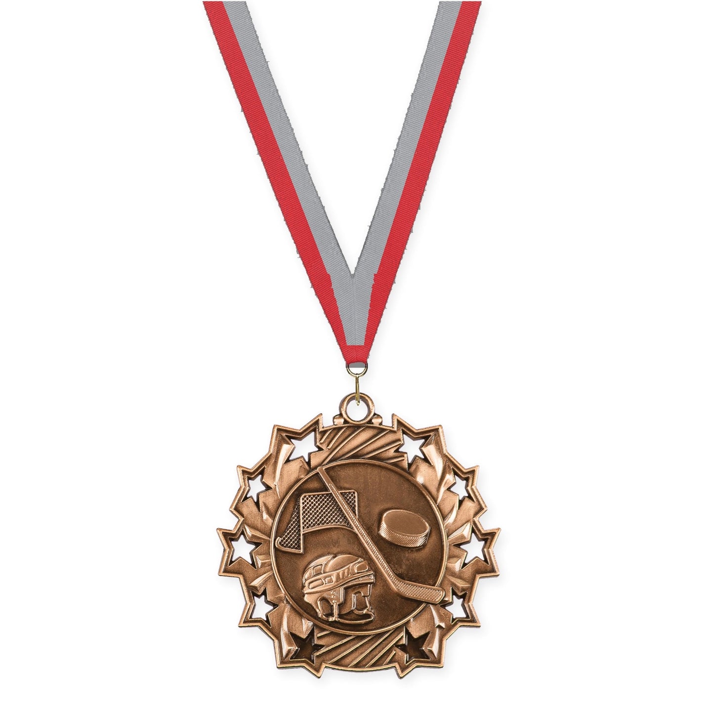 2 1/4 inch hockey Ten Star medal in antique bronze with Red Gray neck ribbon