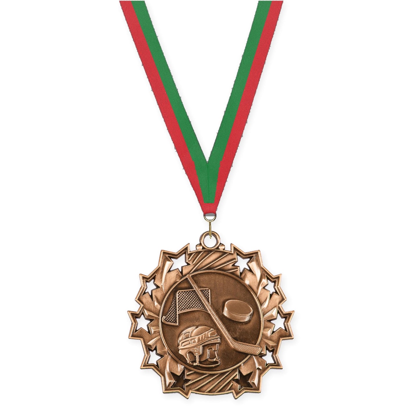 2 1/4 inch hockey Ten Star medal in antique bronze with Red Green neck ribbon