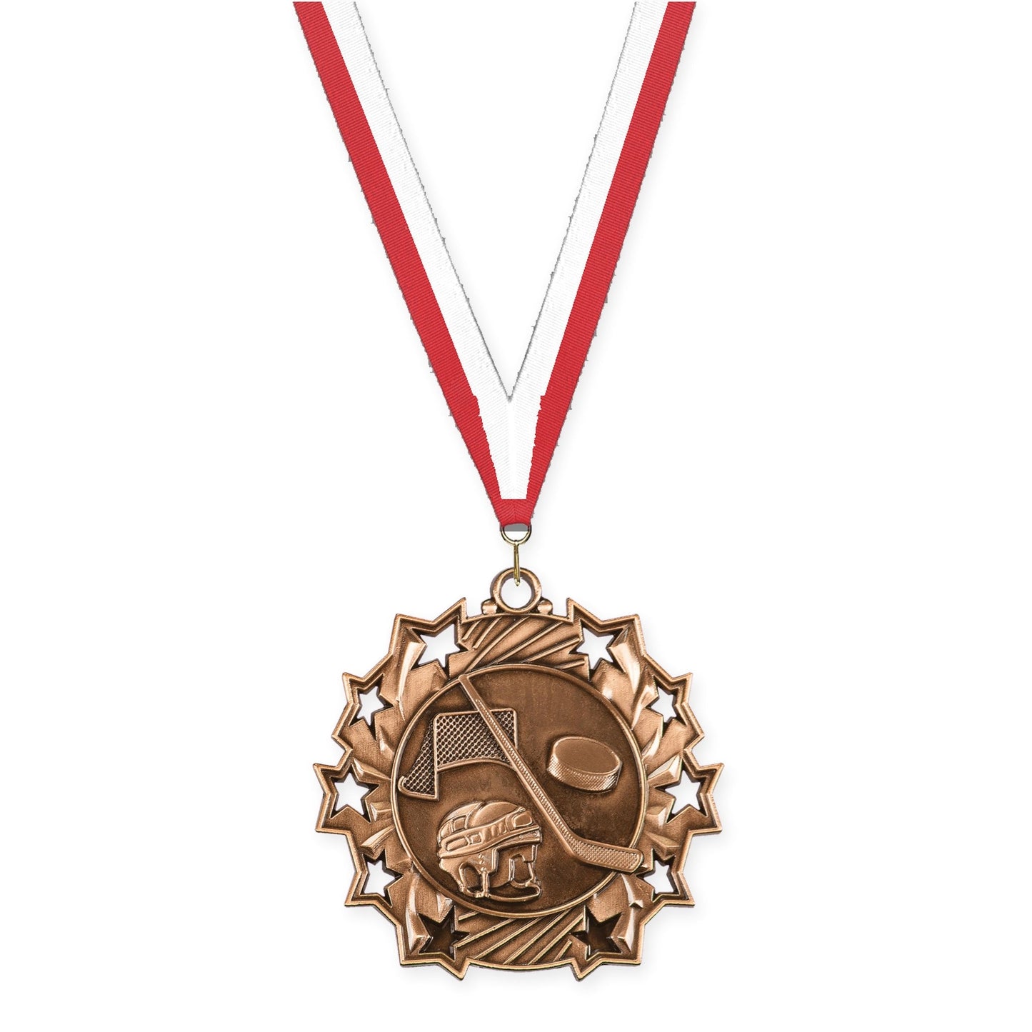 2 1/4 inch hockey Ten Star medal in antique bronze with Red White neck ribbon