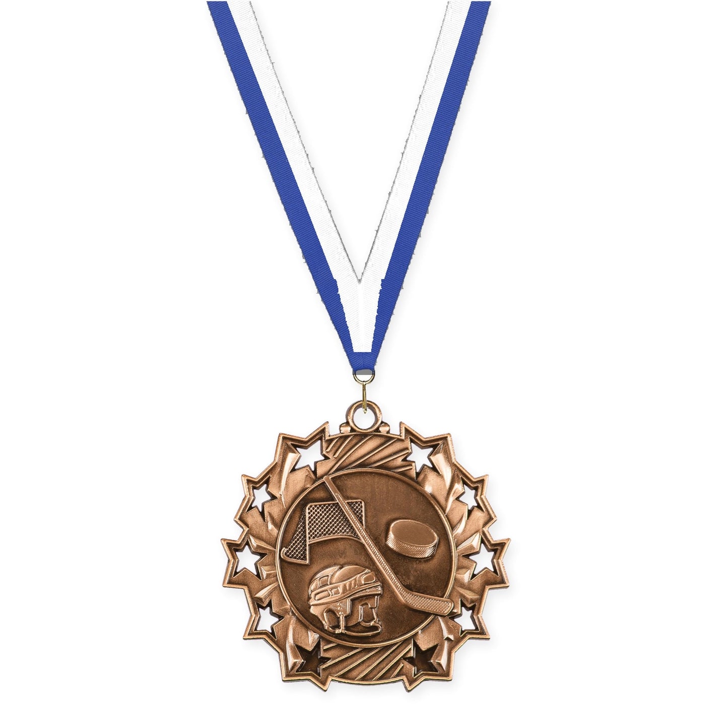 2 1/4 inch hockey Ten Star medal in antique bronze with Blue White neck ribbon