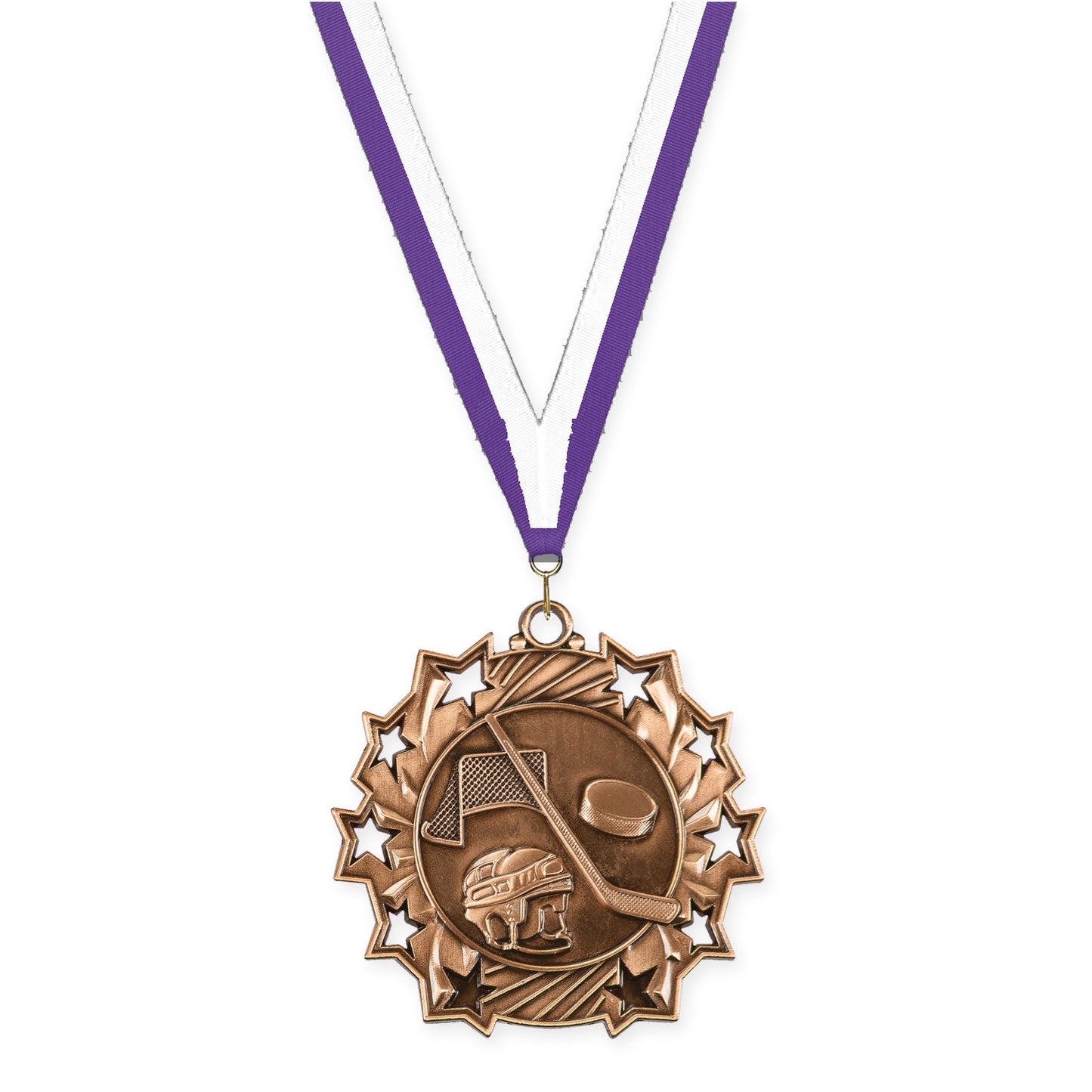 2 1/4 inch hockey Ten Star medal in antique bronze with Purple White neck ribbon