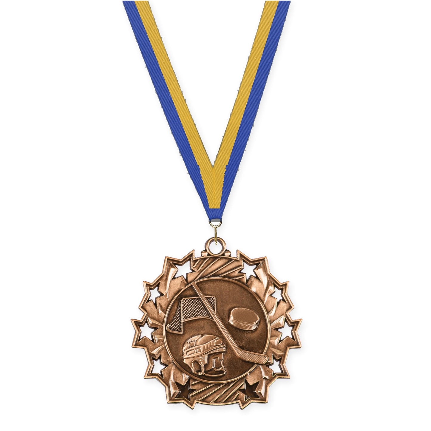 2 1/4 inch hockey Ten Star medal in antique bronze with Blue Gold neck ribbon