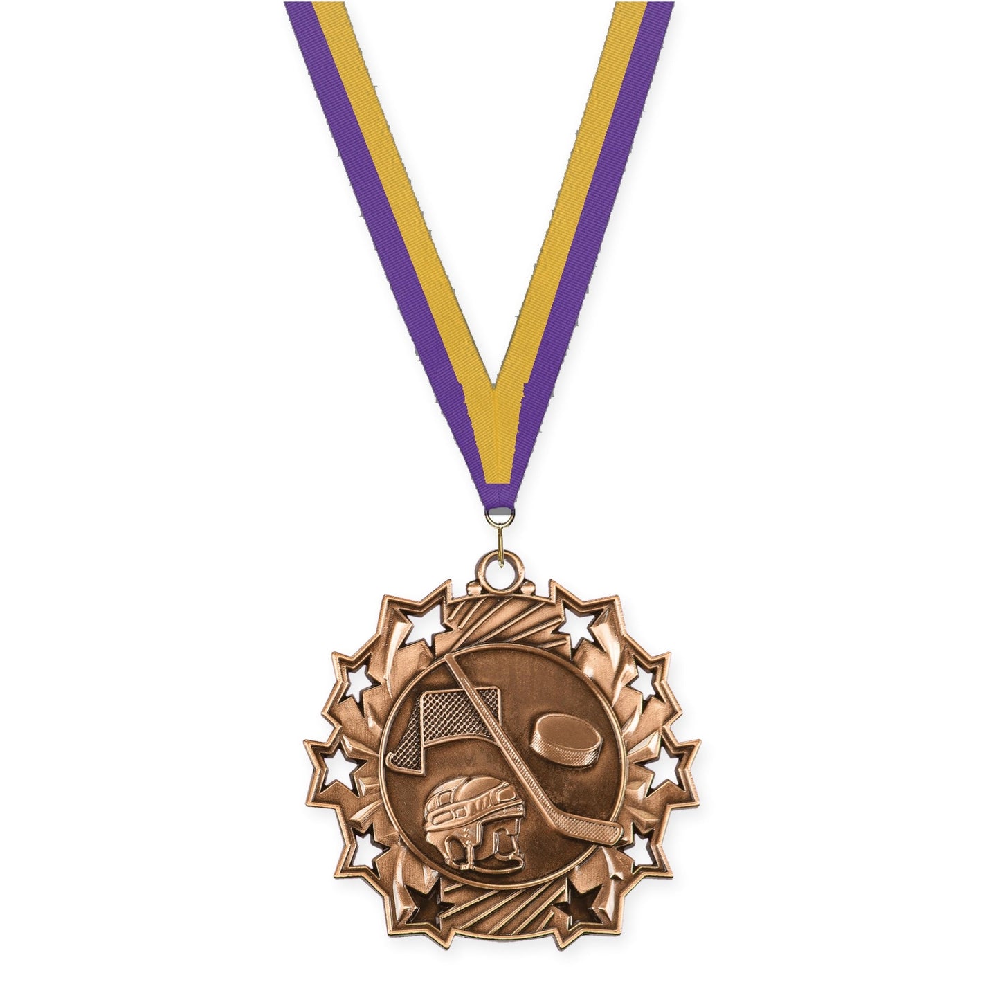 2 1/4 inch hockey Ten Star medal in antique bronze with Purple Gold neck ribbon