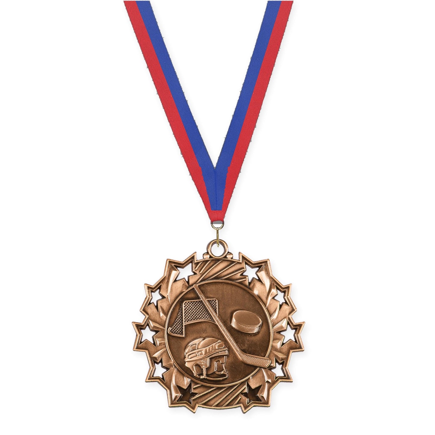 2 1/4 inch hockey Ten Star medal in antique bronze with Blue Red neck ribbon
