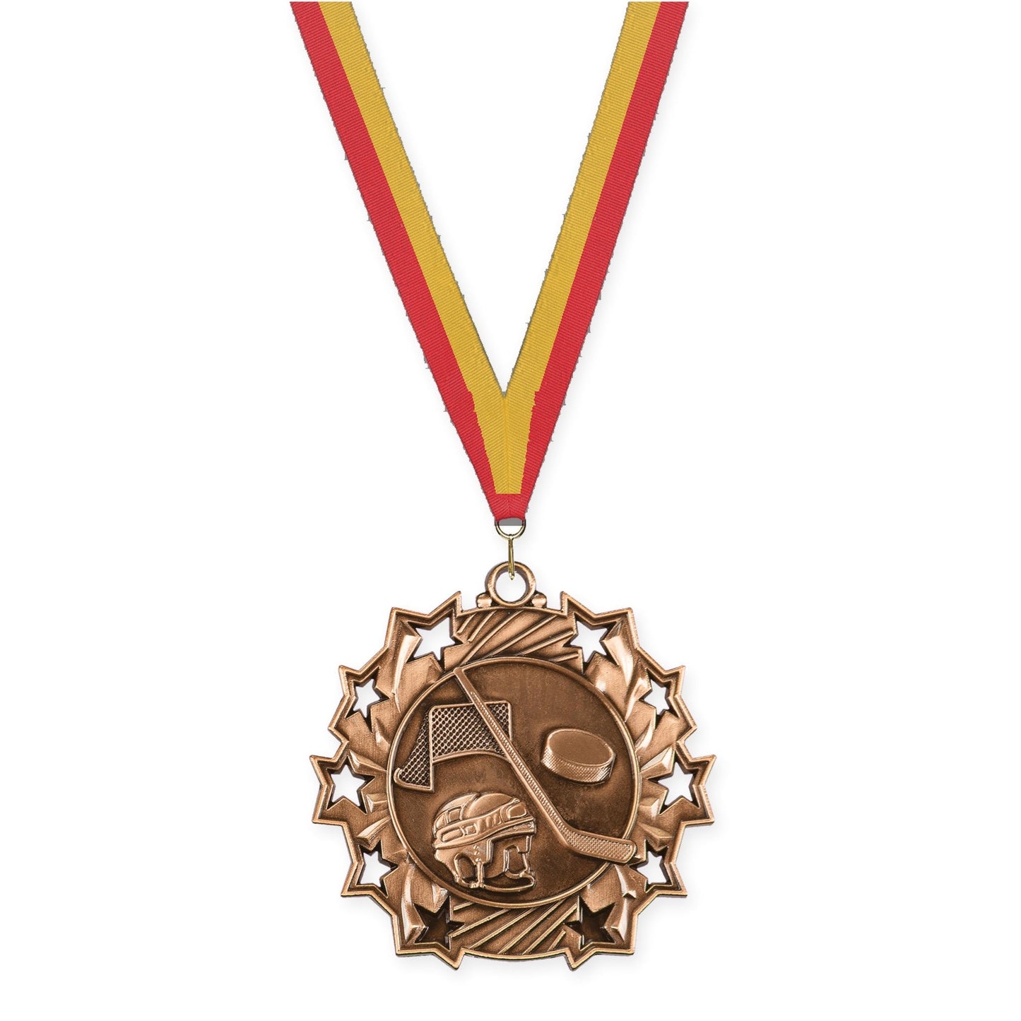 2 1/4 inch hockey Ten Star medal in antique bronze with Red Gold neck ribbon