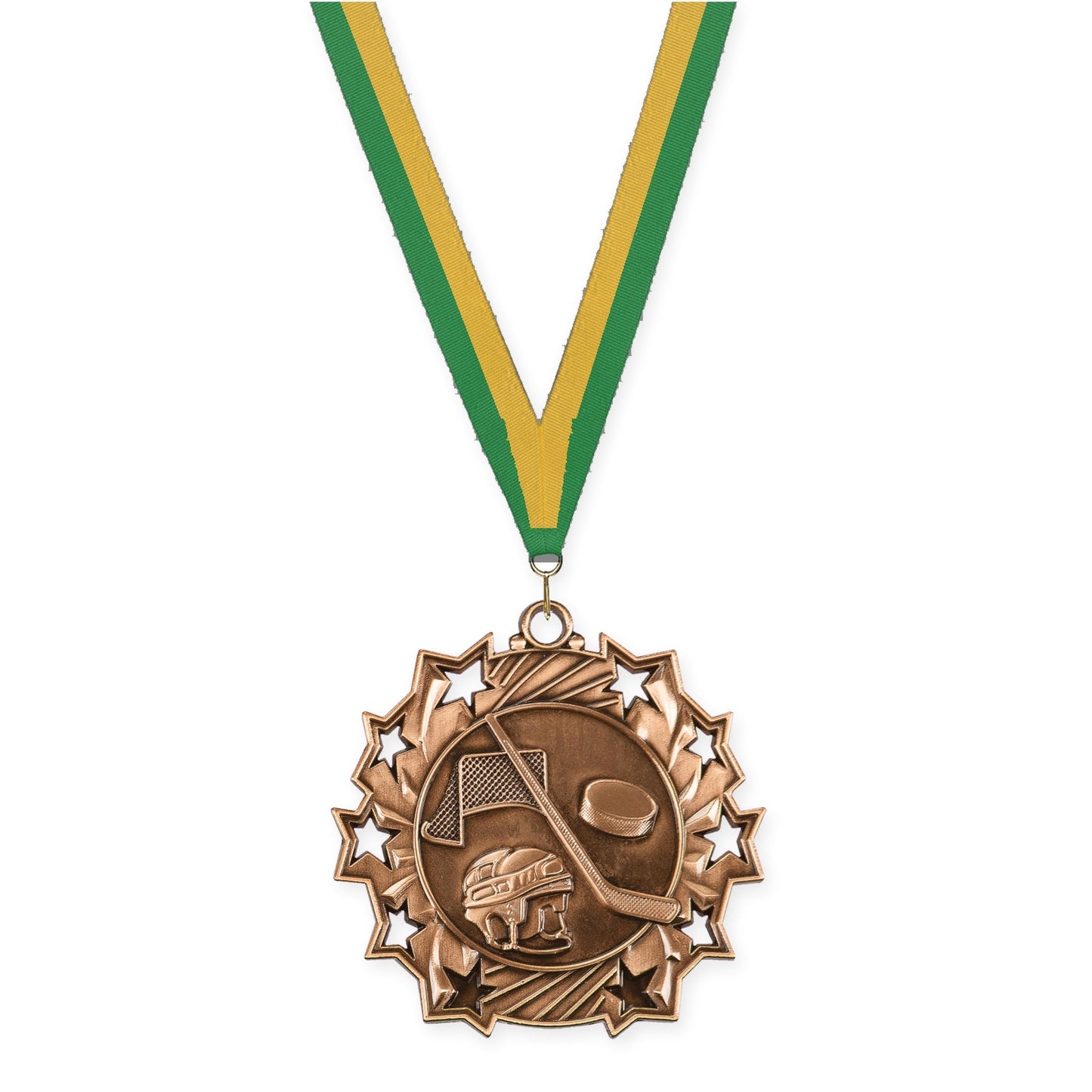 2 1/4 inch hockey Ten Star medal in antique bronze with Green Gold neck ribbon