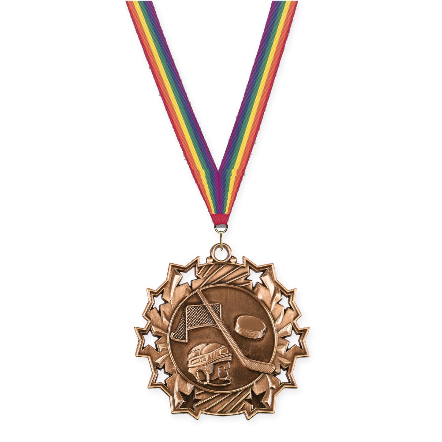 2 1/4 inch hockey Ten Star medal in antique bronze with Rainbow neck ribbon