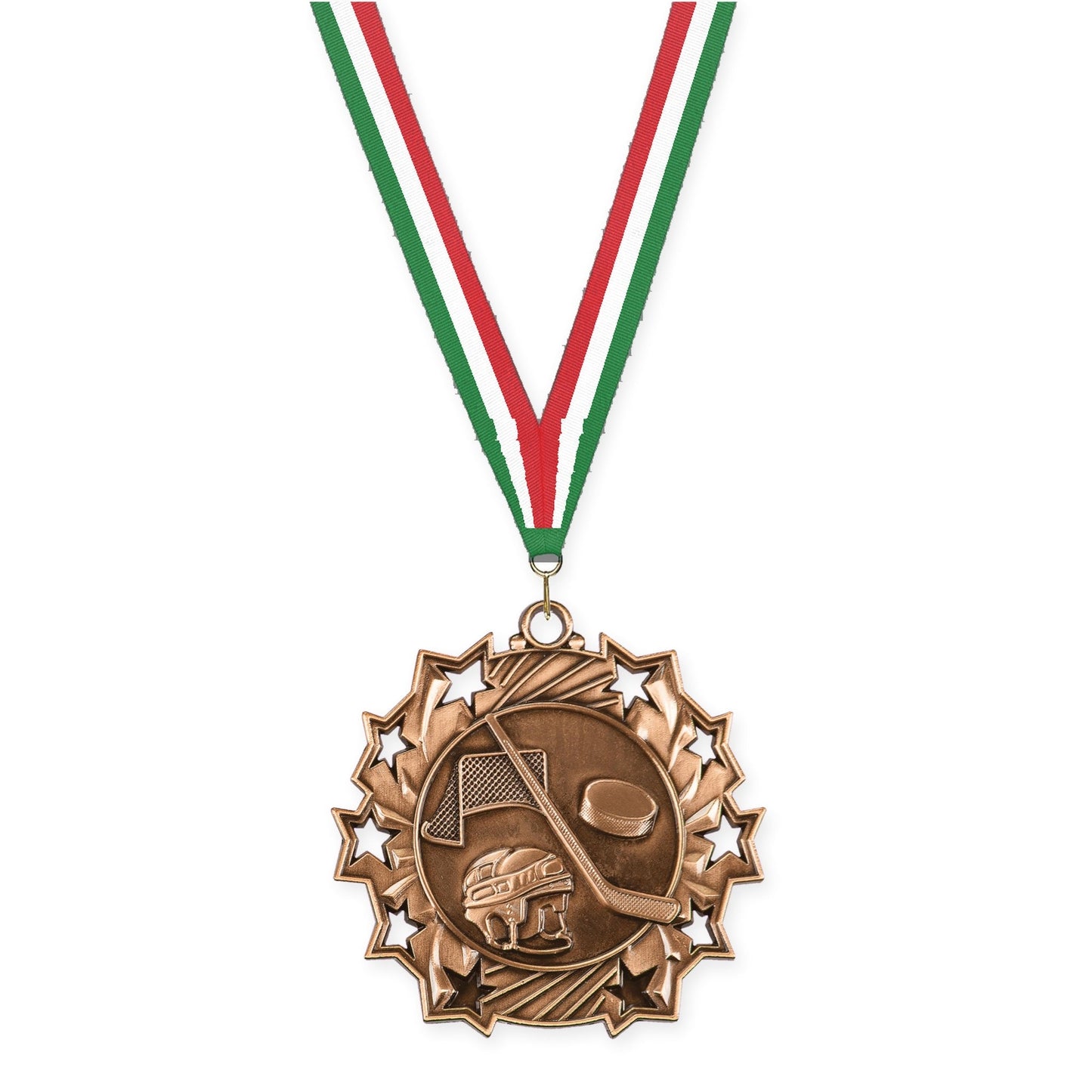2 1/4 inch hockey Ten Star medal in antique bronze with Green White Red neck ribbon