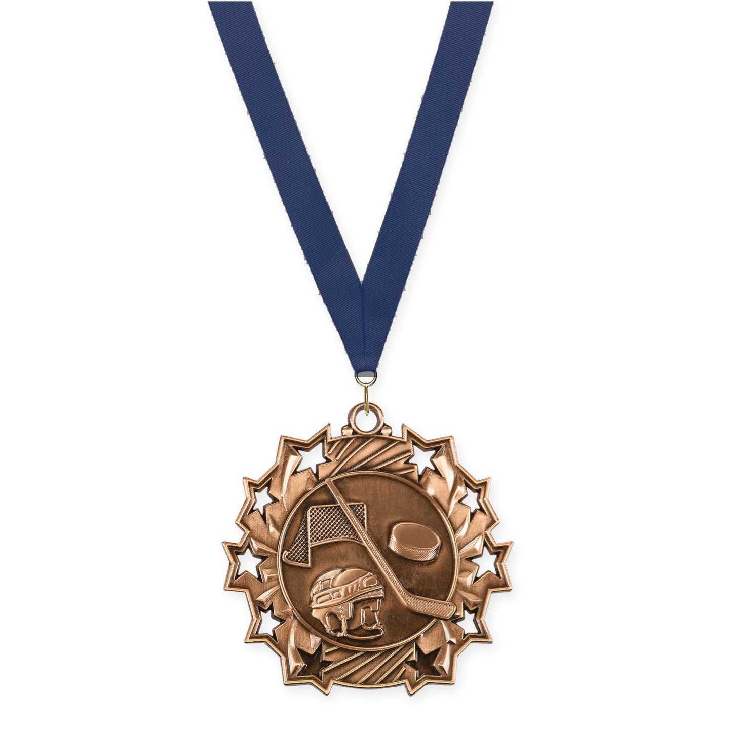 2 1/4 inch hockey Ten Star medal in antique bronze with Navy neck ribbon