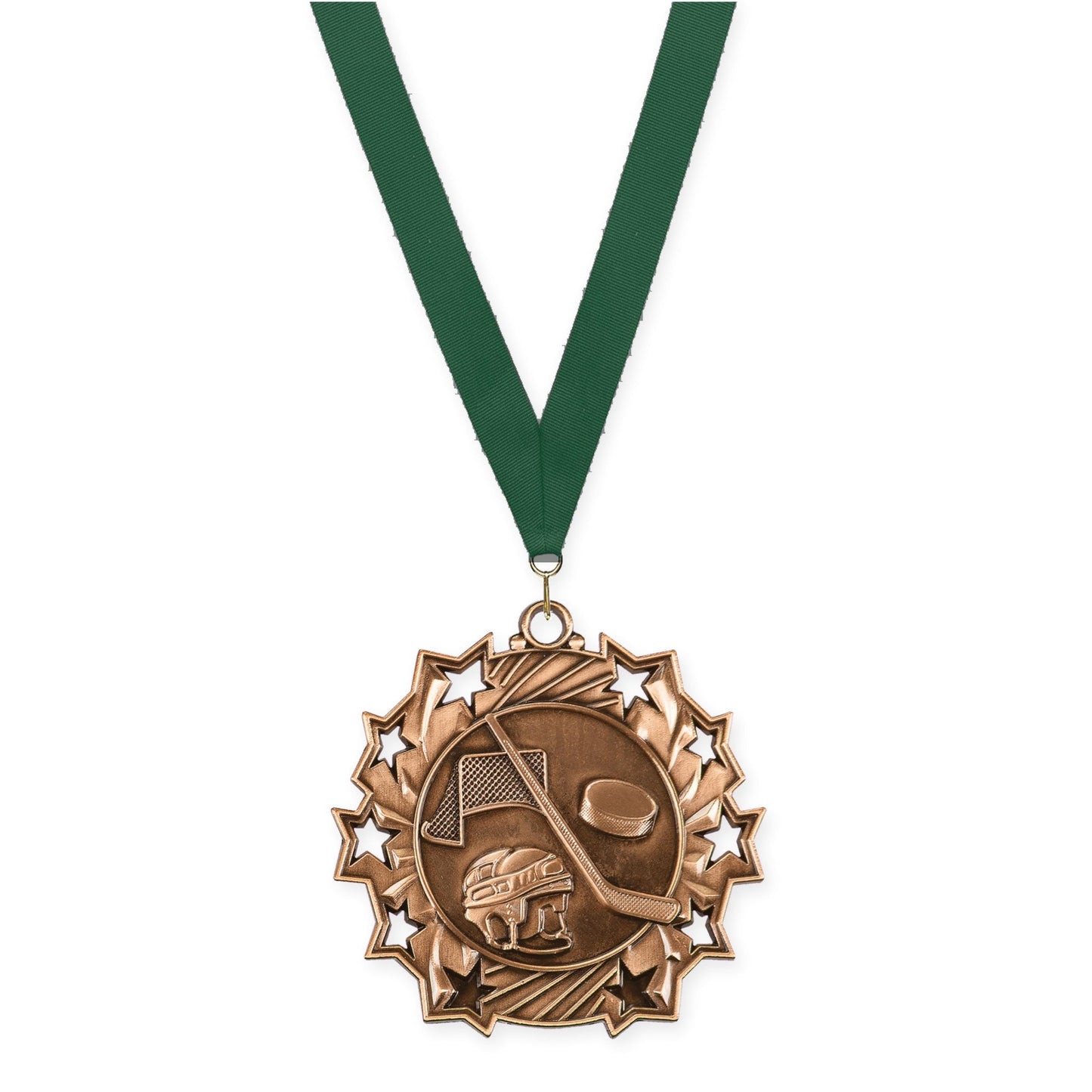 2 1/4 inch hockey Ten Star medal in antique bronze with Hunter Green neck ribbon