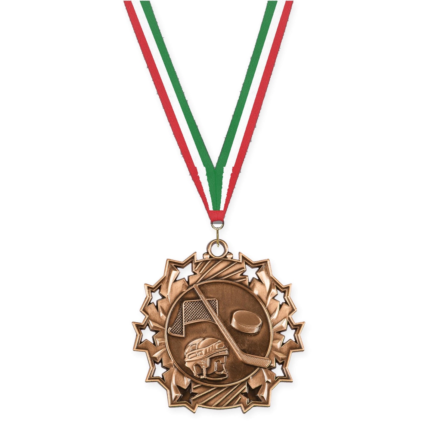 2 1/4 inch hockey Ten Star medal in antique bronze with Red White Green neck ribbon