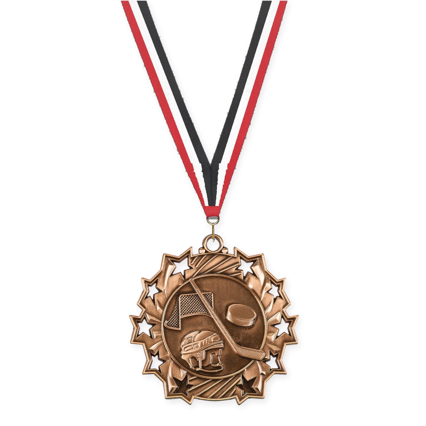 2 1/4 inch hockey Ten Star medal in antique bronze with Red White Black neck ribbon