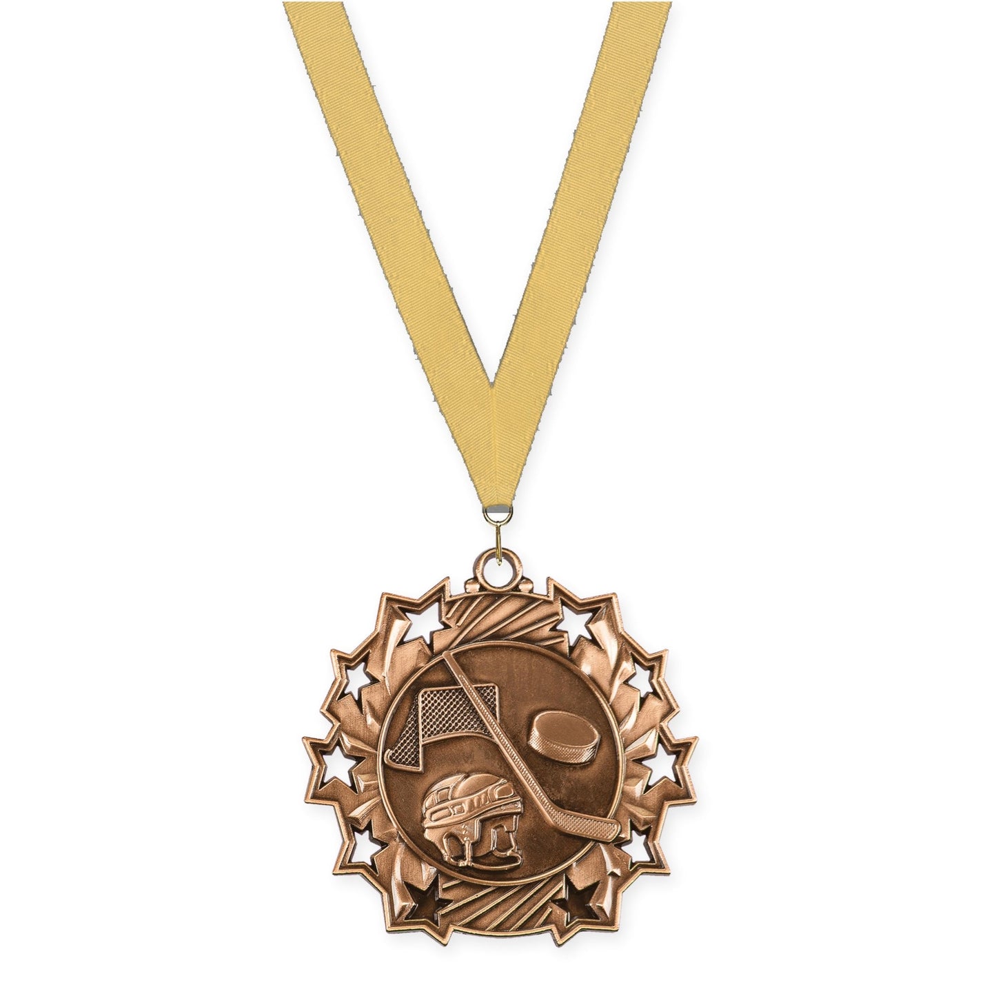 2 1/4 inch hockey Ten Star medal in antique bronze with Gold Metallic neck ribbon