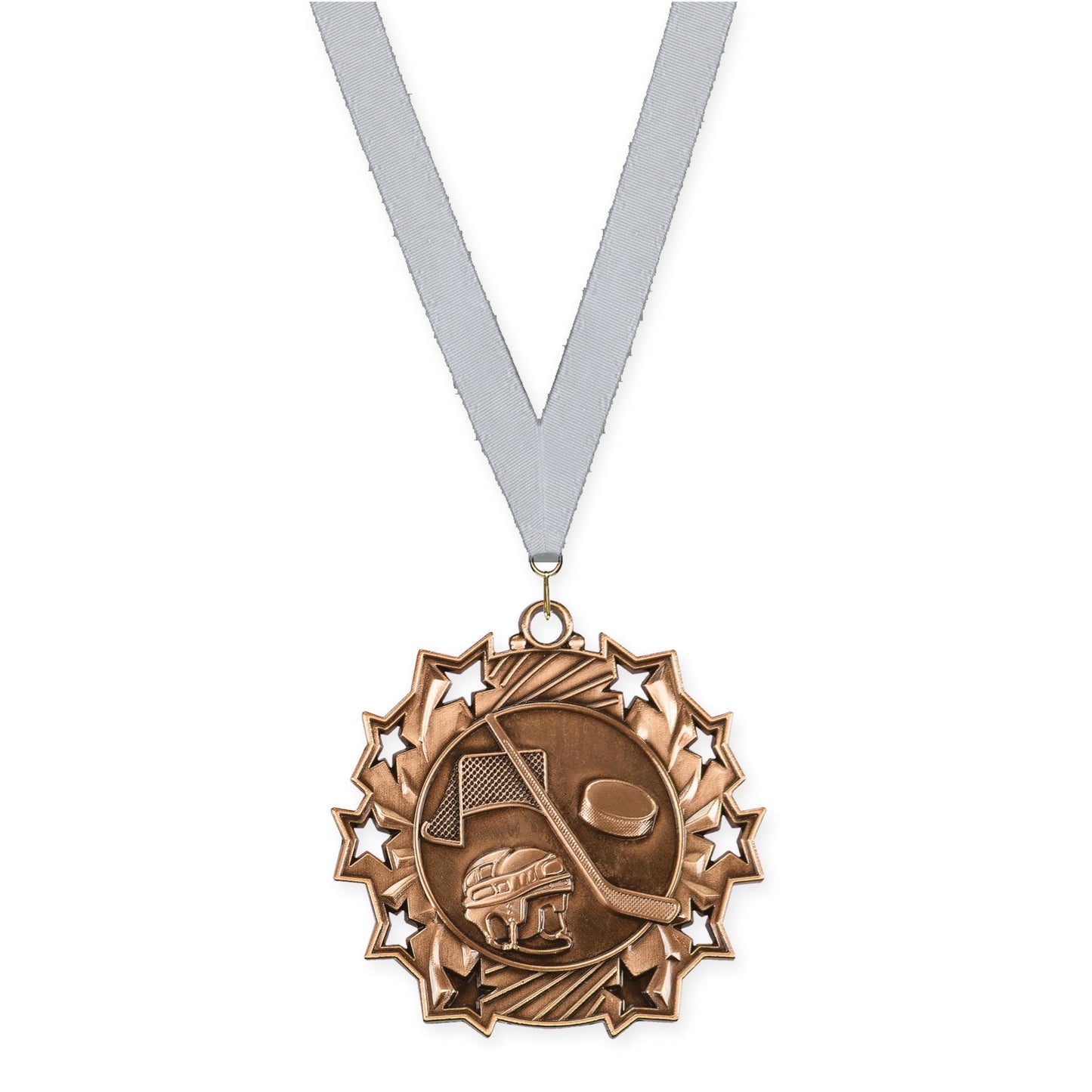 2 1/4 inch hockey Ten Star medal in antique bronze with Silver Metallic neck ribbon