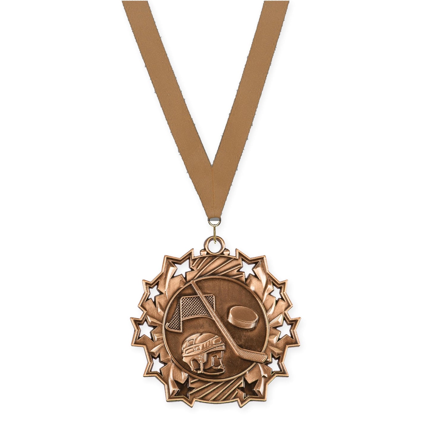 2 1/4 inch hockey Ten Star medal in antique bronze with Bronze Metallic neck ribbon