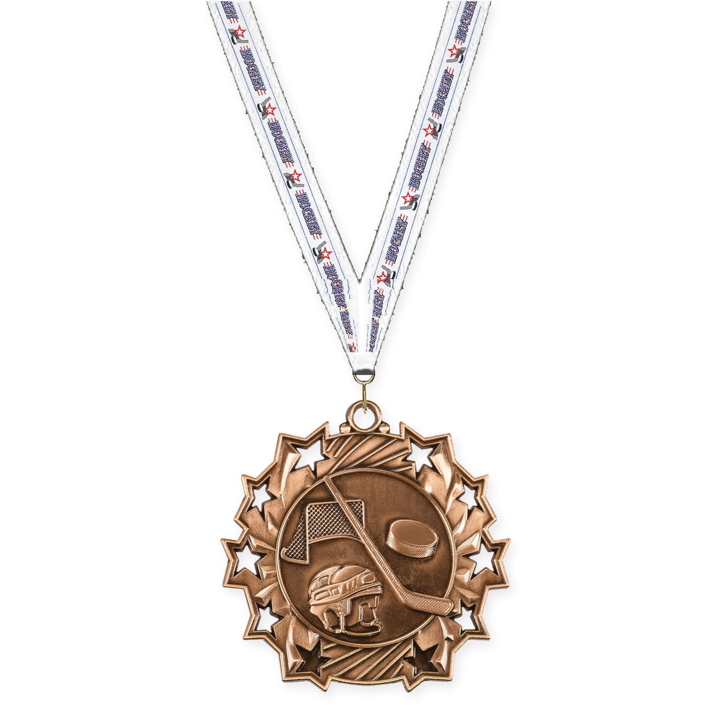 2 1/4 inch hockey Ten Star medal in antique bronze with Hockey neck ribbon