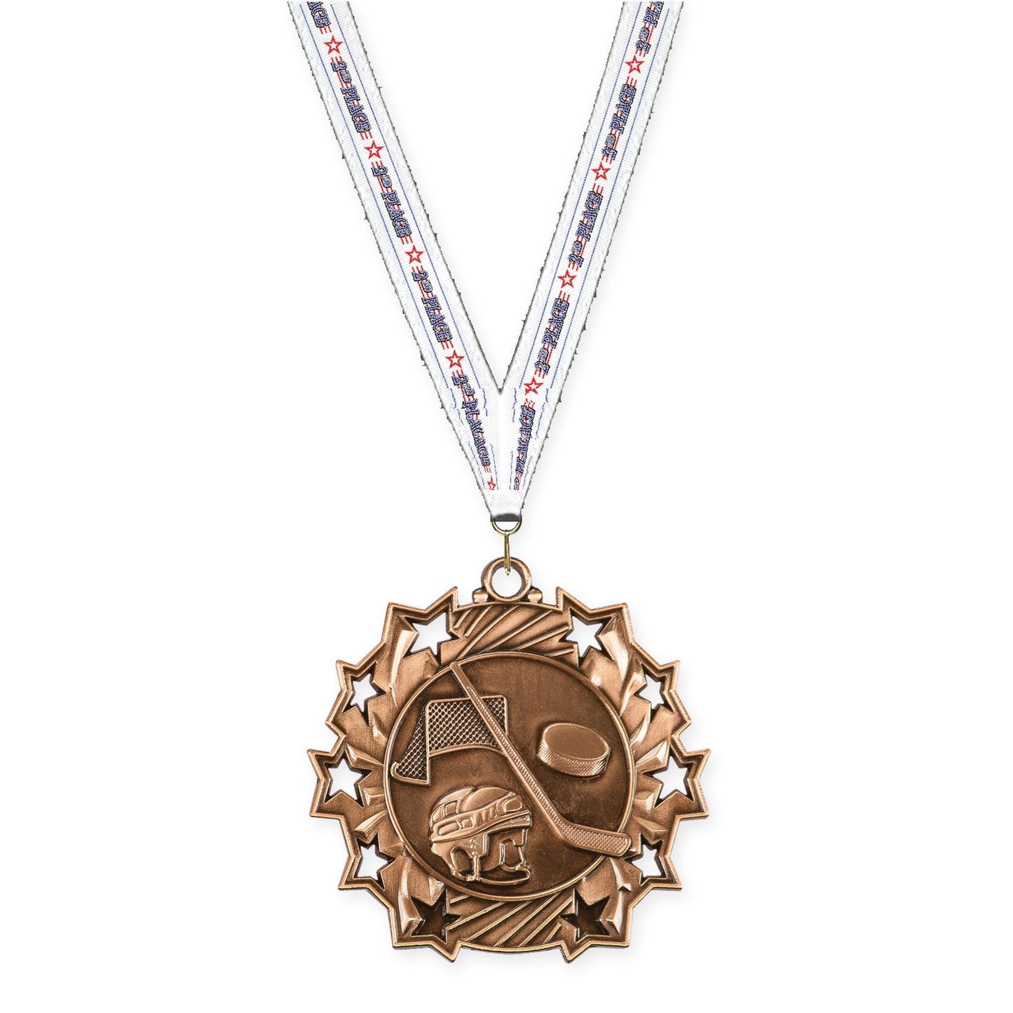 2 1/4 inch hockey Ten Star medal in antique bronze with 2nd Place neck ribbon