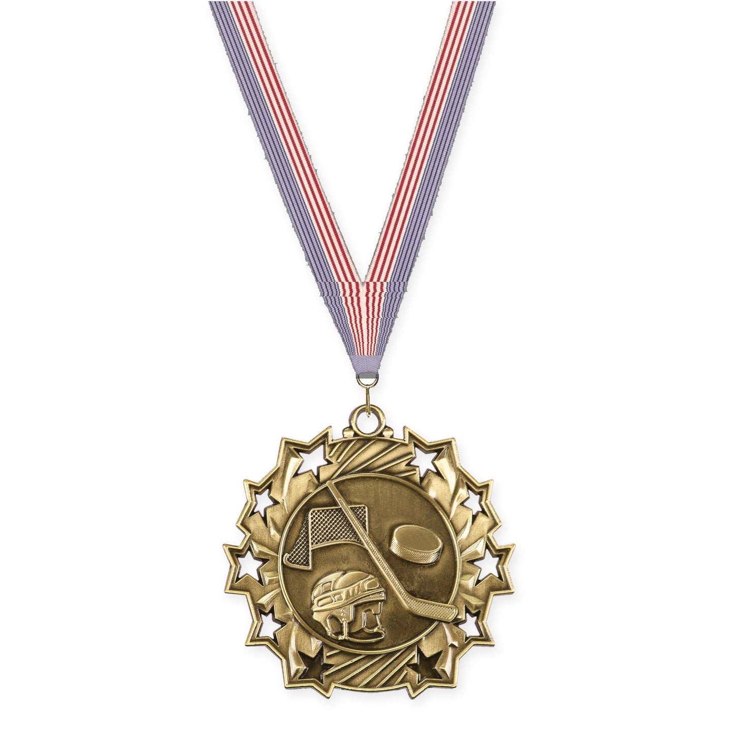 2 1/4 inch hockey Ten Star medal in antique gold with USA Flag neck ribbon