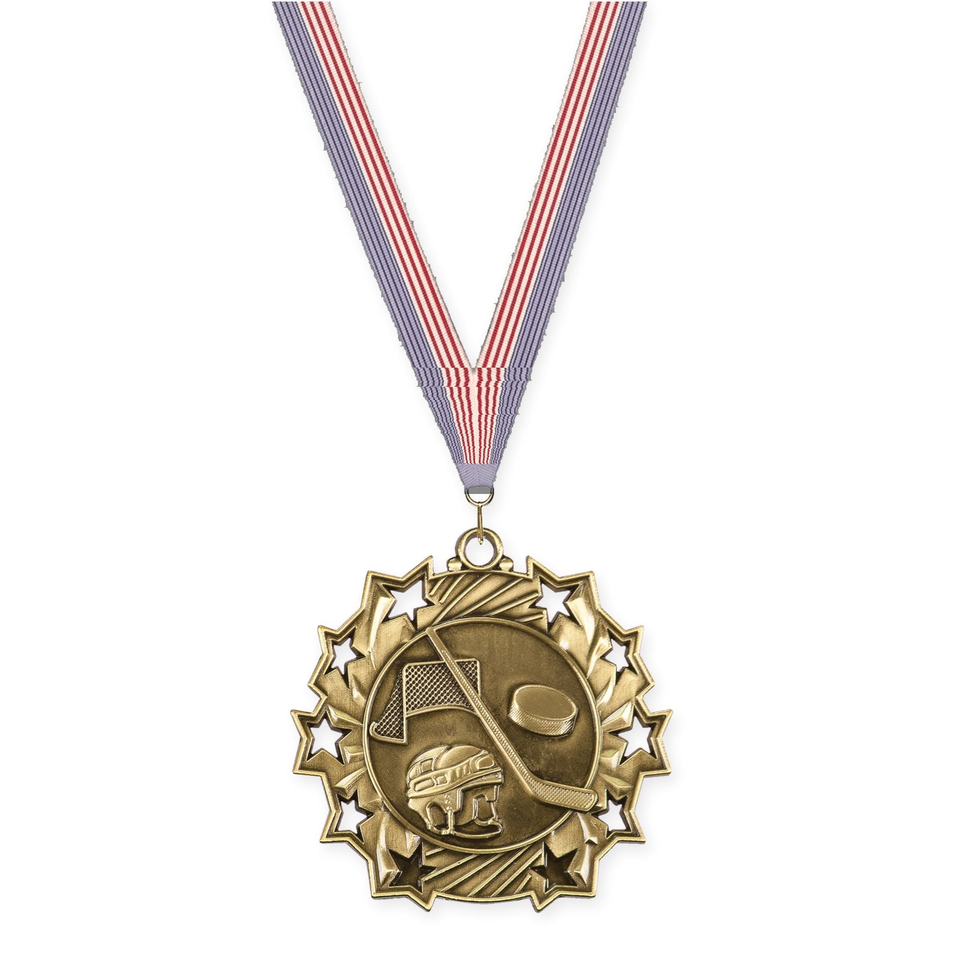2 1/4 inch hockey Ten Star medal in antique gold with USA Flag neck ribbon