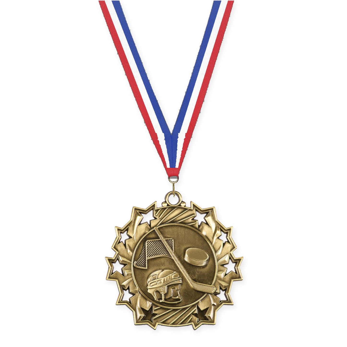 2 1/4 inch hockey Ten Star medal in antique gold with Red White Blue neck ribbon