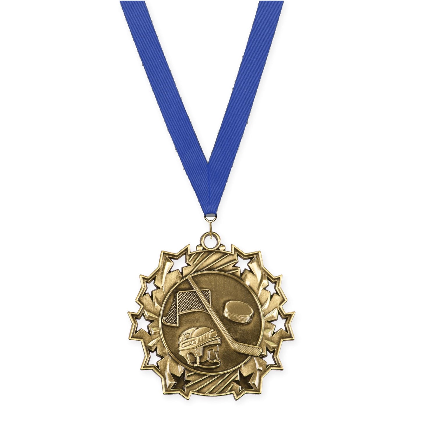 2 1/4 inch hockey Ten Star medal in antique gold with Blue neck ribbon