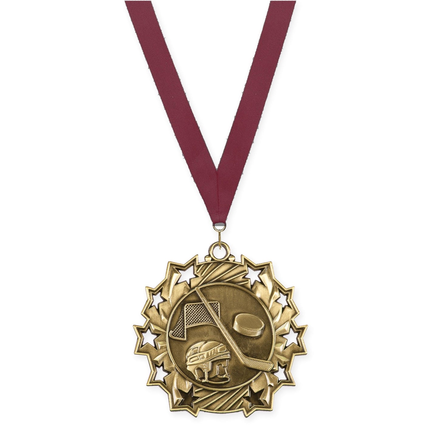2 1/4 inch hockey Ten Star medal in antique gold with Maroon neck ribbon