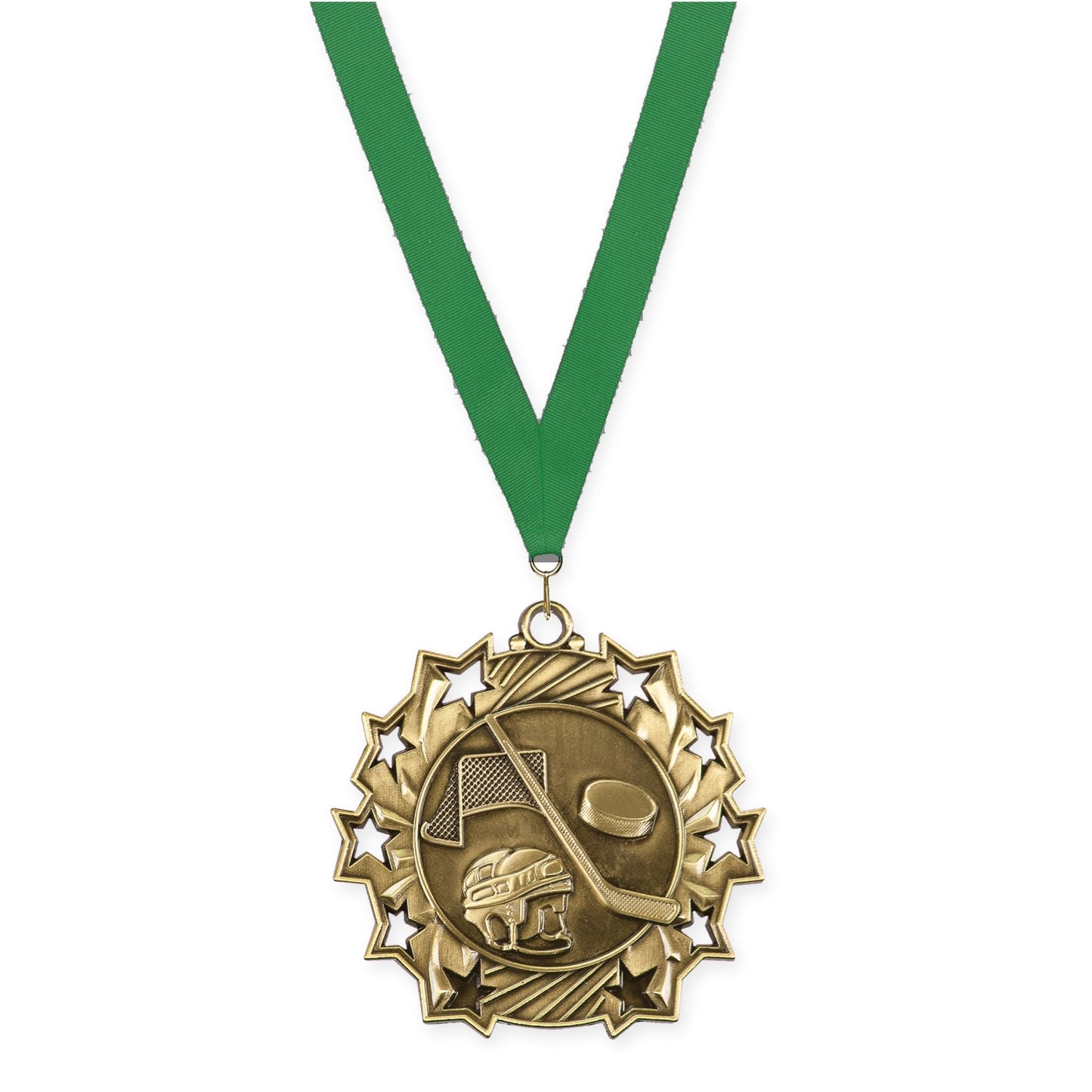 2 1/4 inch hockey Ten Star medal in antique gold with Green neck ribbon