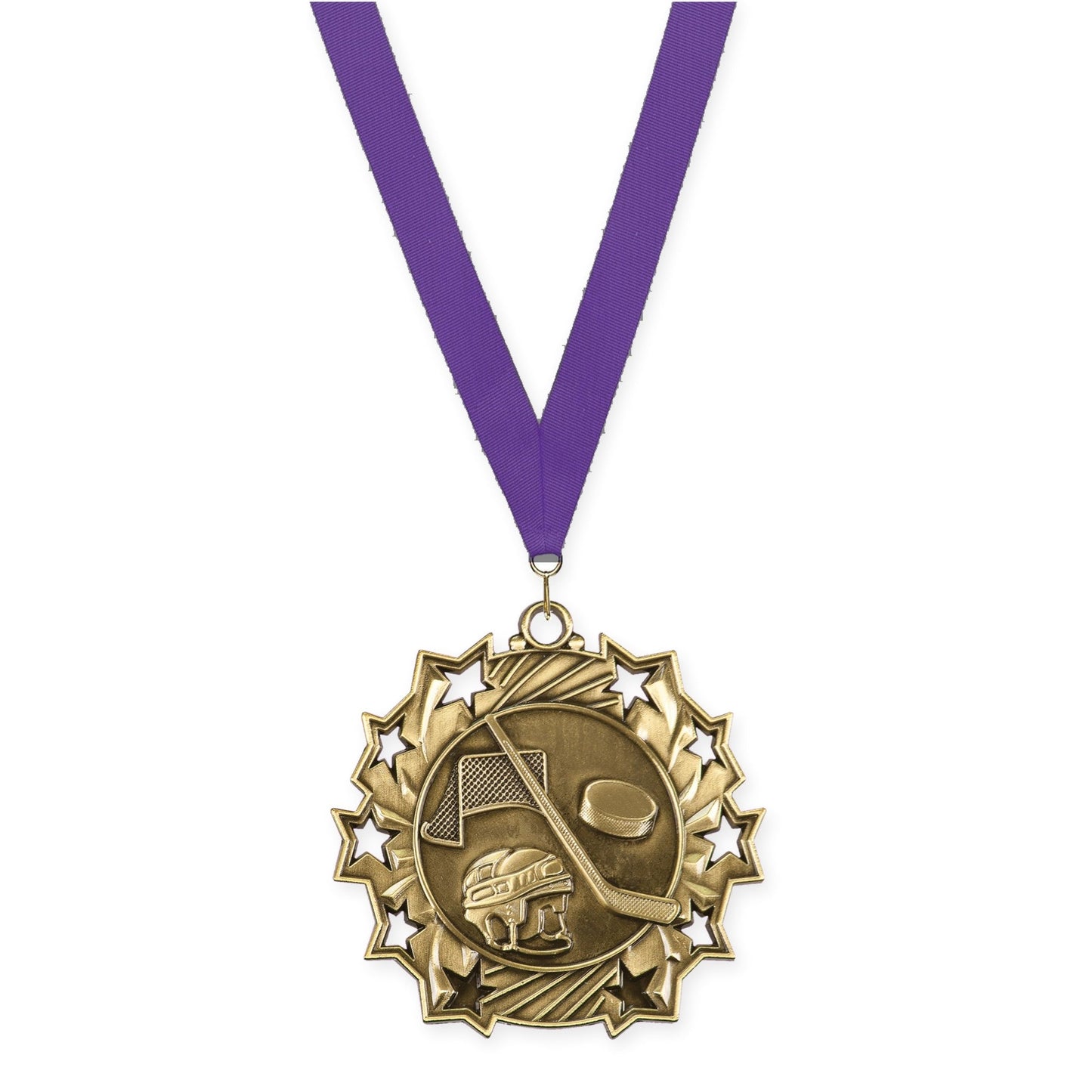 2 1/4 inch hockey Ten Star medal in antique gold with Purple neck ribbon
