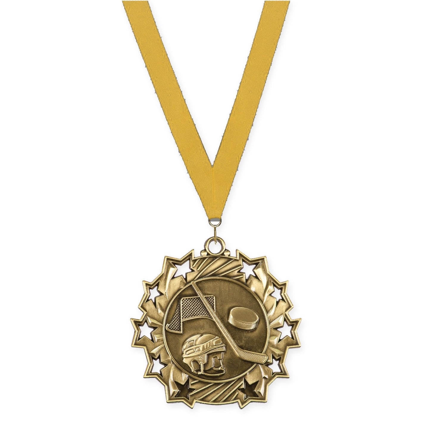 2 1/4 inch hockey Ten Star medal in antique gold with Gold neck ribbon