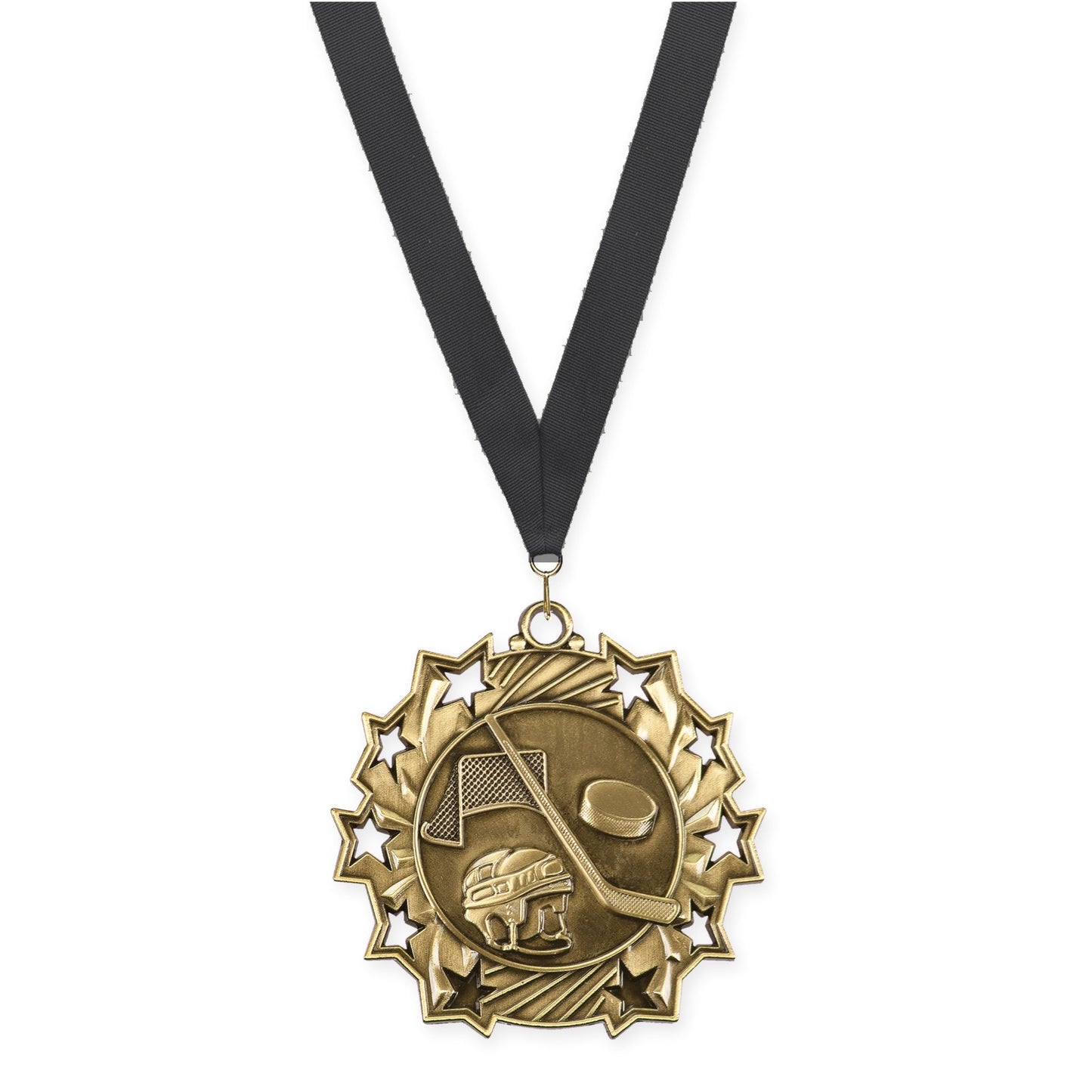 2 1/4 inch hockey Ten Star medal in antique gold with Black neck ribbon