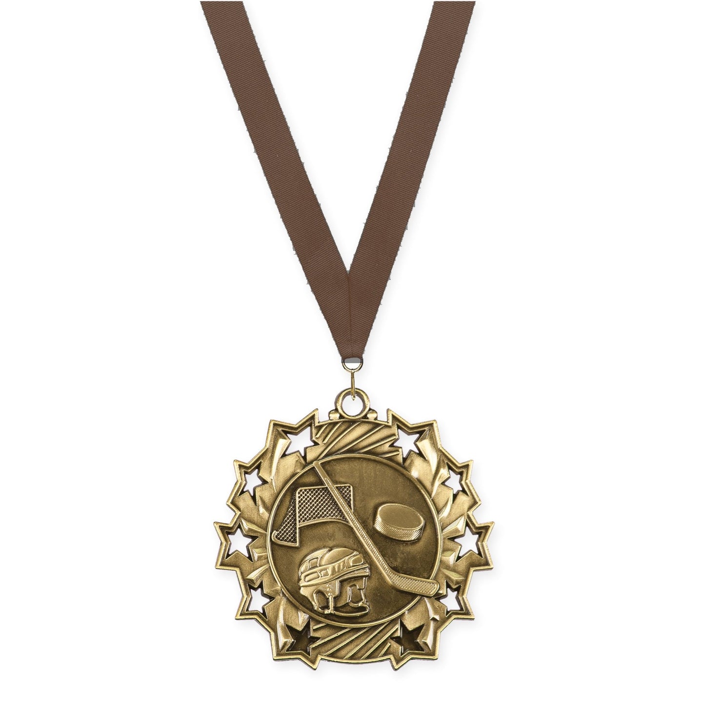 2 1/4 inch hockey Ten Star medal in antique gold with Brown neck ribbon