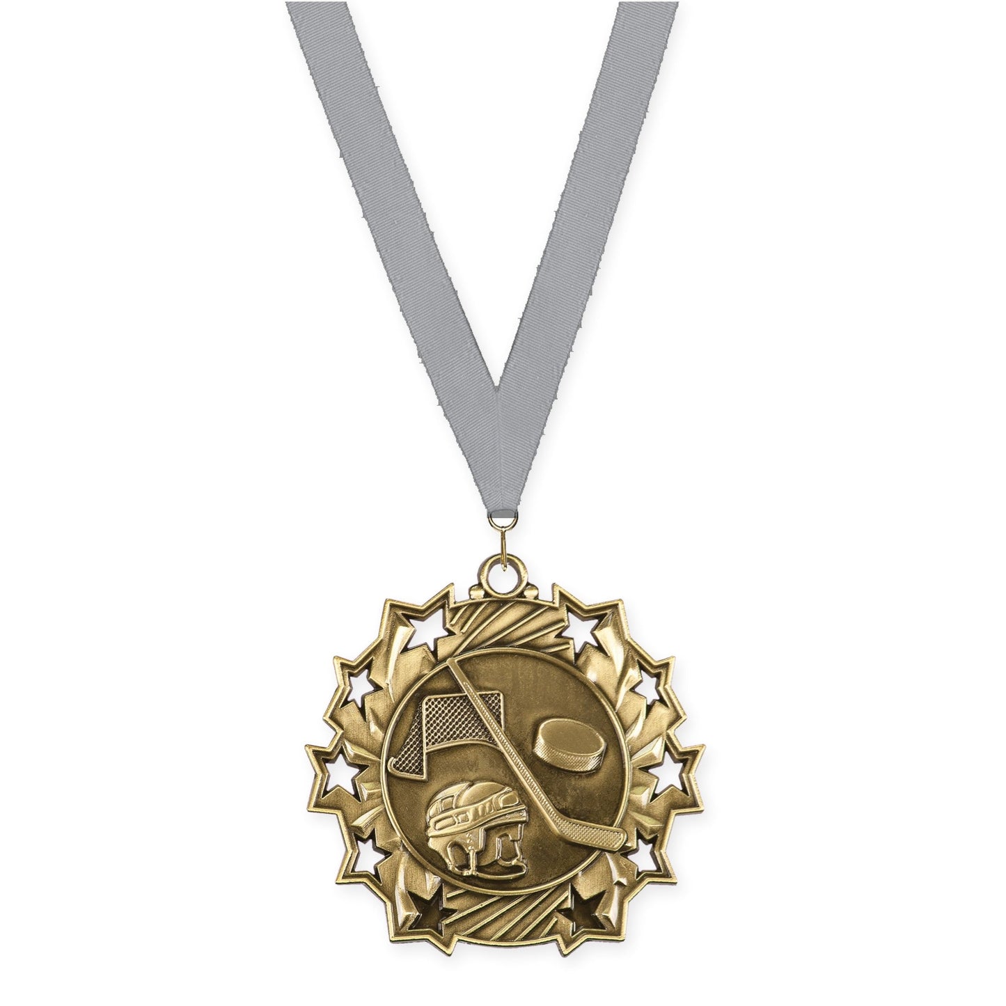 2 1/4 inch hockey Ten Star medal in antique gold with Gray neck ribbon
