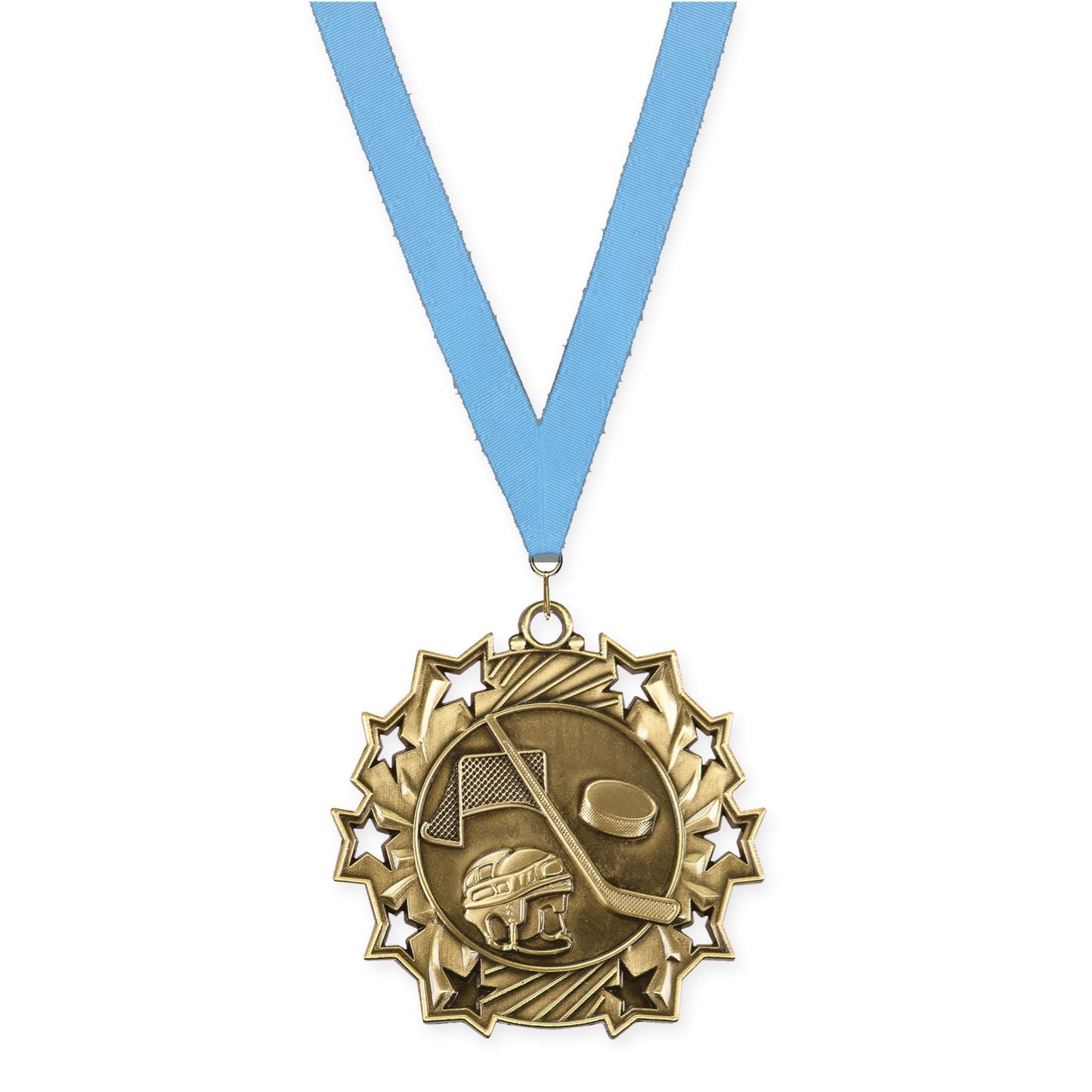 2 1/4 inch hockey Ten Star medal in antique gold with Light Blue neck ribbon