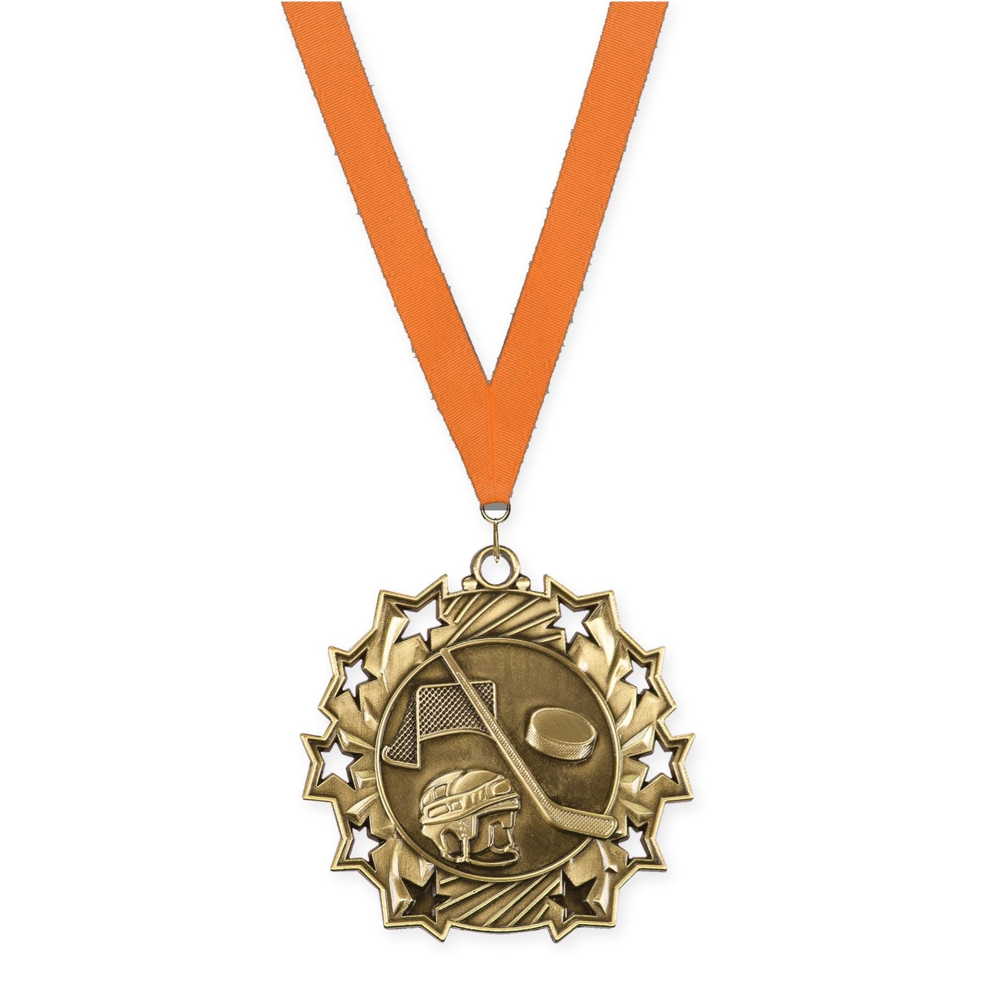 2 1/4 inch hockey Ten Star medal in antique gold with Orange neck ribbon