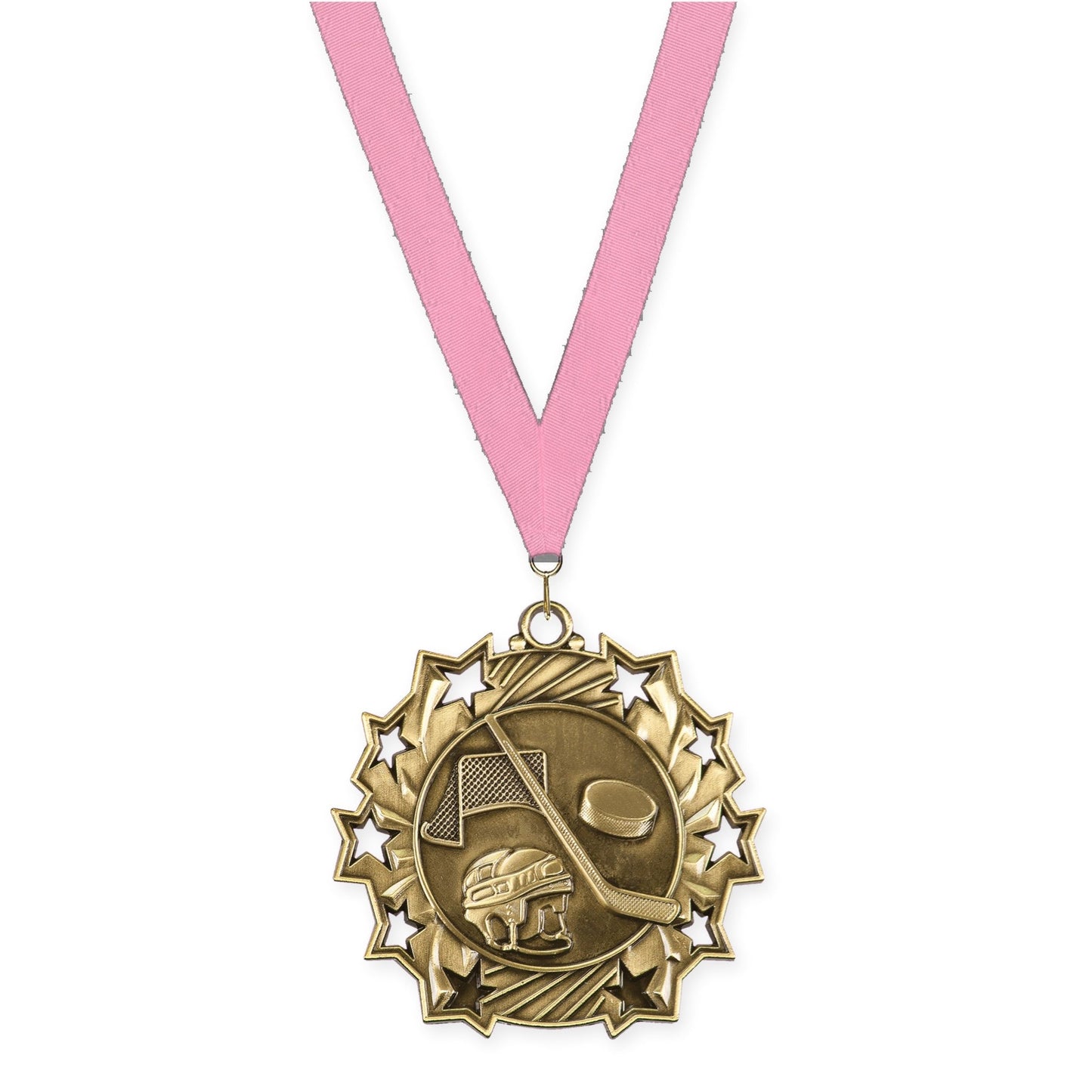 2 1/4 inch hockey Ten Star medal in antique gold with Pink neck ribbon