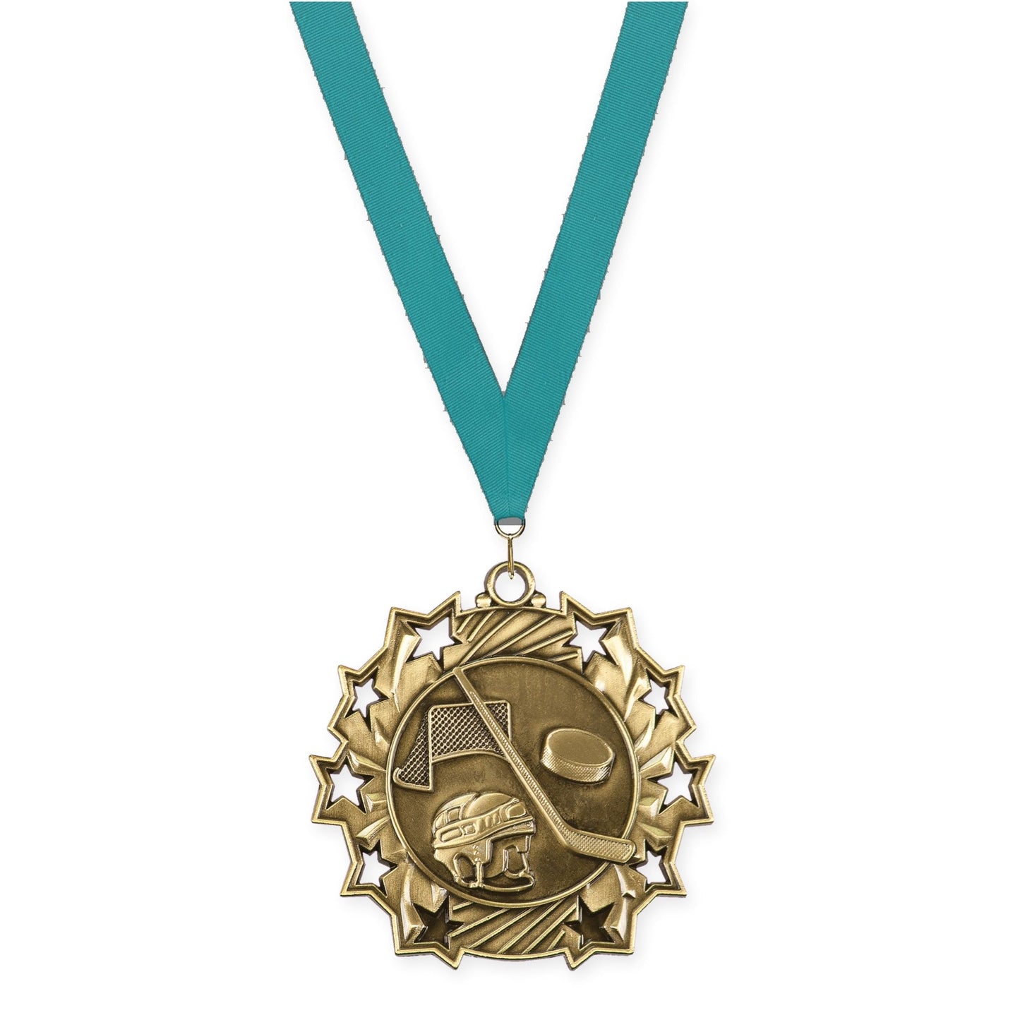 2 1/4 inch hockey Ten Star medal in antique gold with Teal neck ribbon