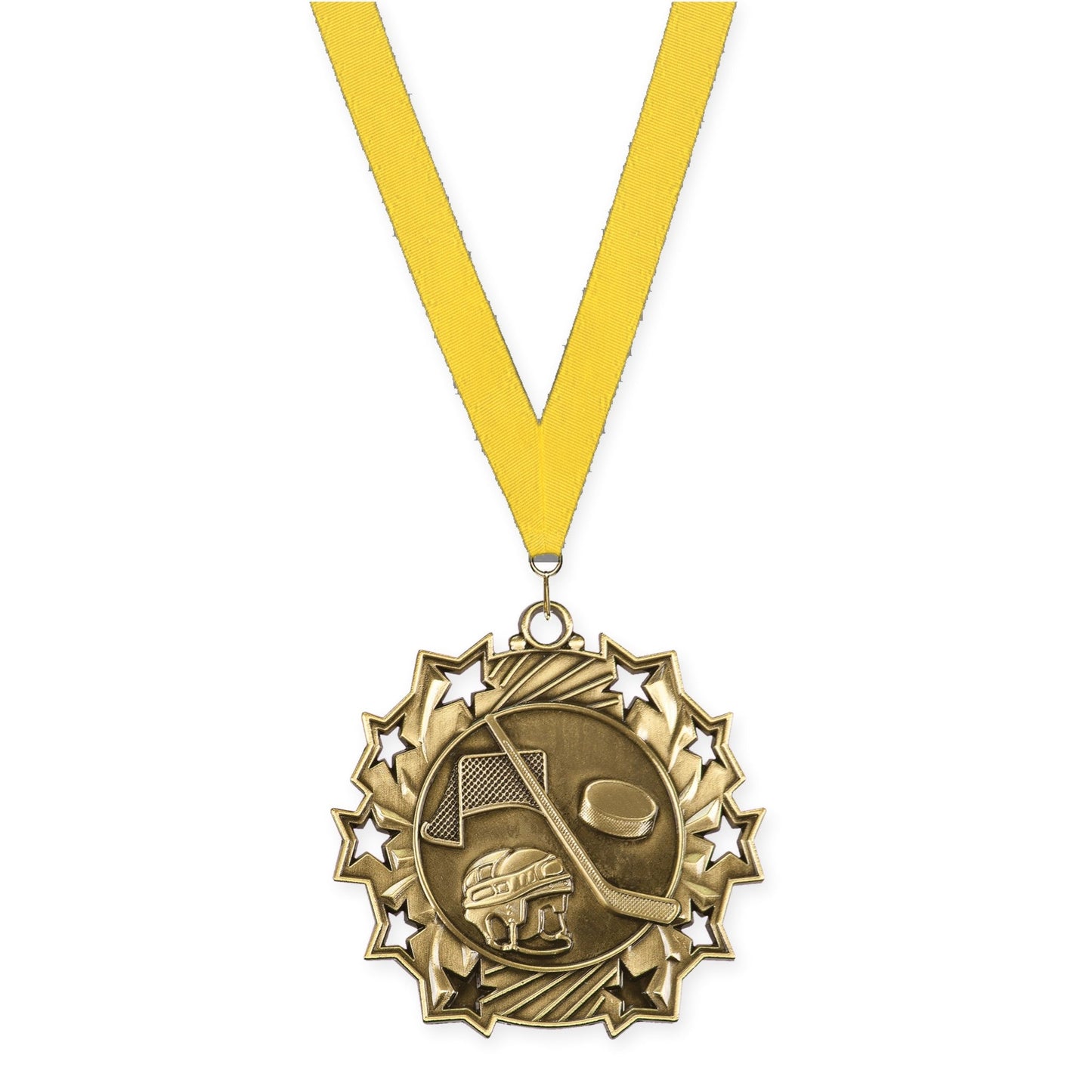 2 1/4 inch hockey Ten Star medal in antique gold with Yellow neck ribbon