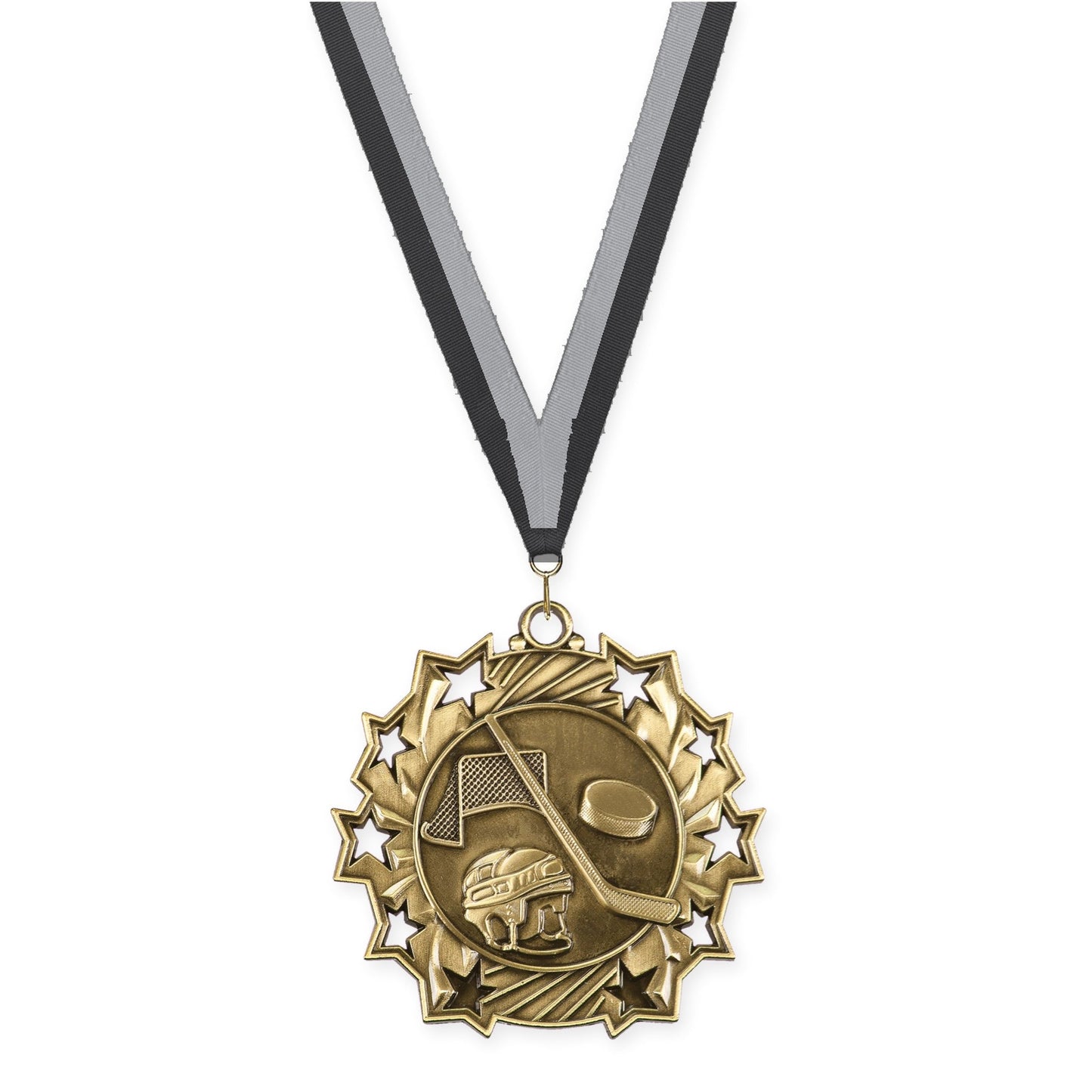 2 1/4 inch hockey Ten Star medal in antique gold with Black Gray neck ribbon