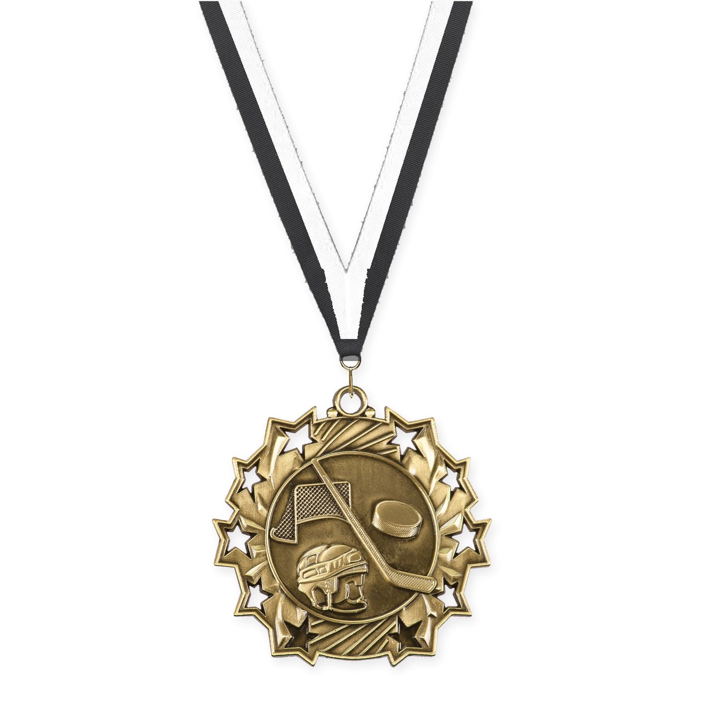 2 1/4 inch hockey Ten Star medal in antique gold with Black White neck ribbon